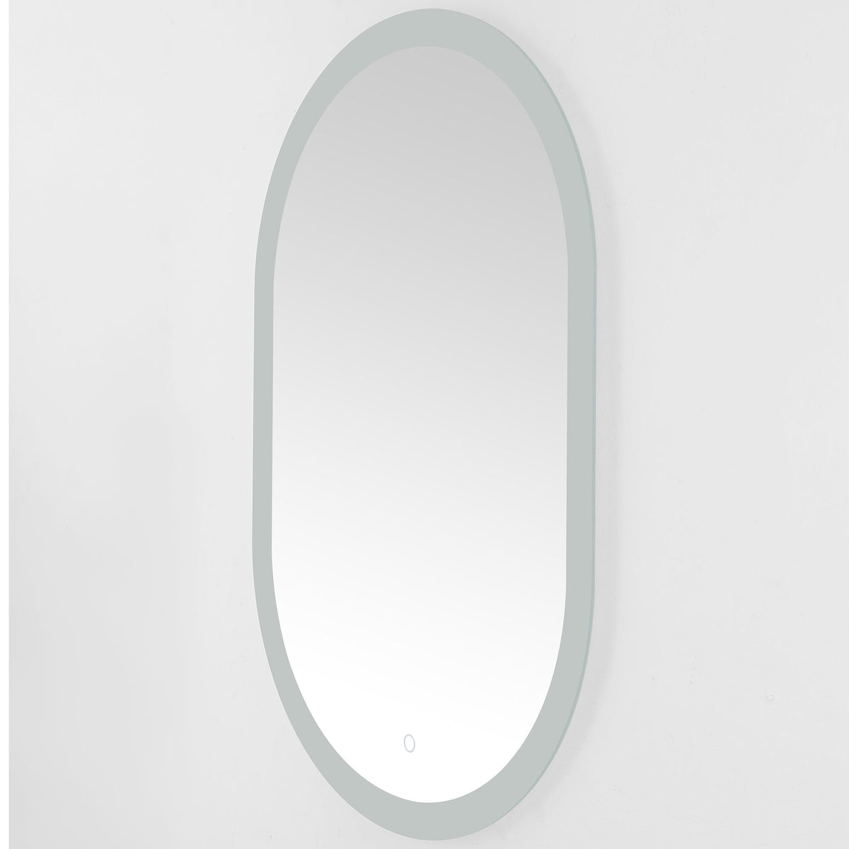 Slim oval mirror with a pale silver LED border and a touch control near the base || LMR1009A || front_angle_studio