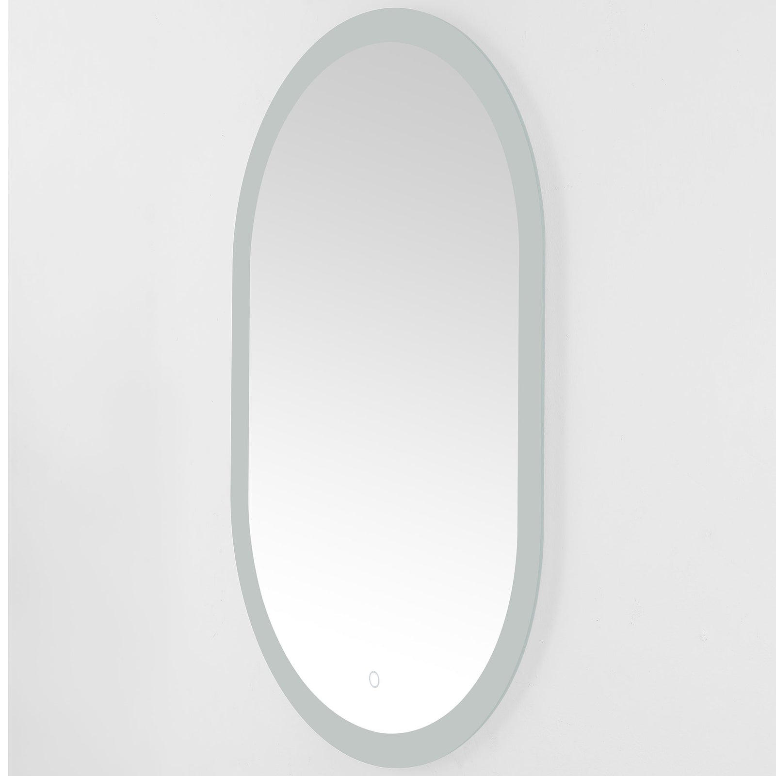 Slim oval mirror with a pale silver LED border and a touch control near the base || LMR1009A || front_angle_studio