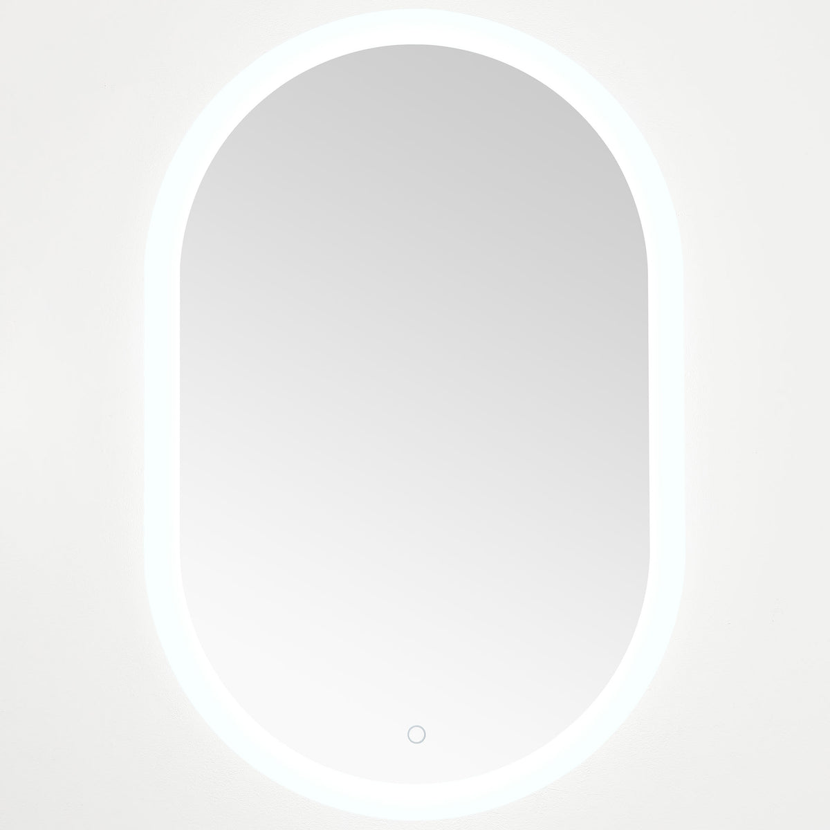 Bright cool-white LED light frames the oval mirror and its discreet touch sensor || LMR1009A || front_on_studio