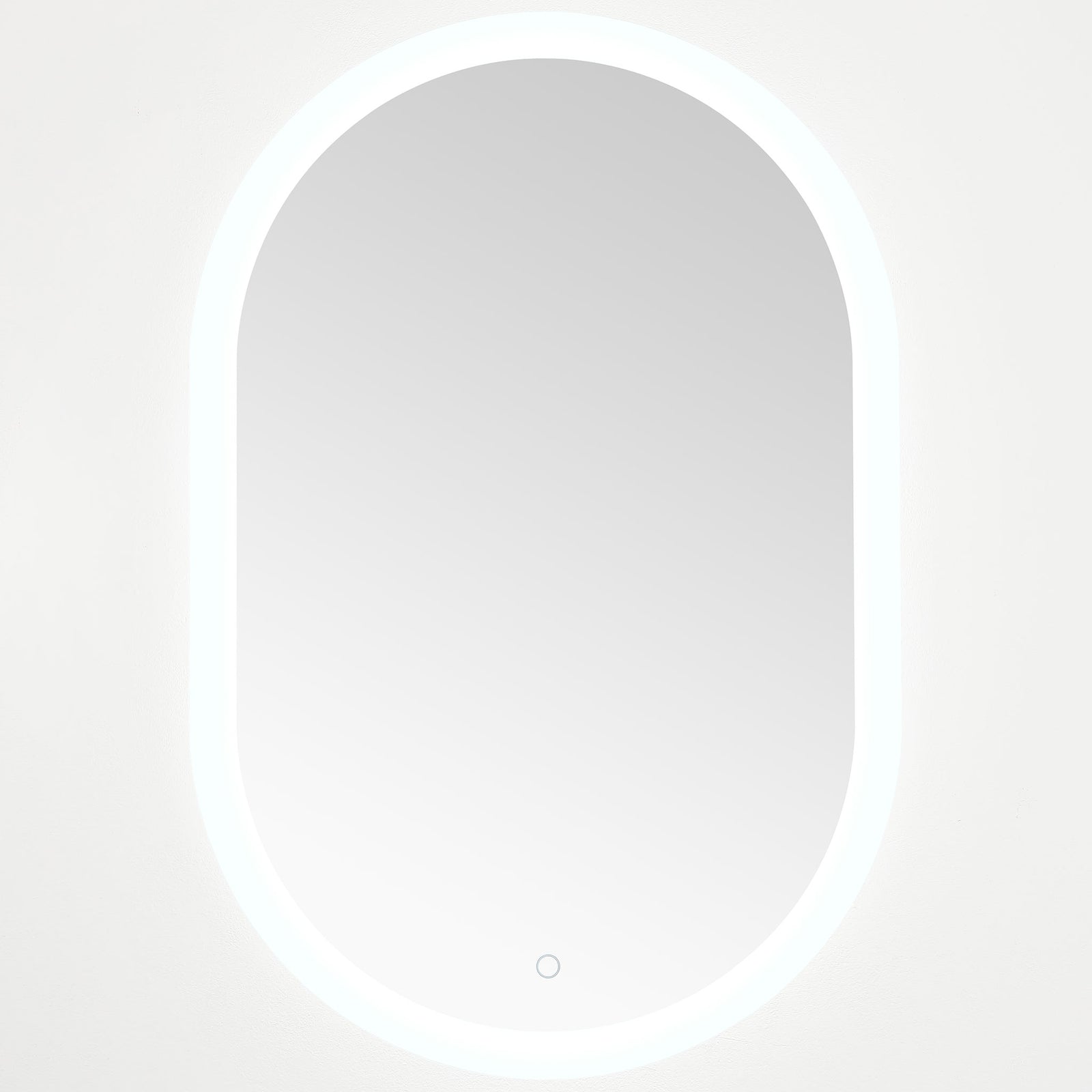 Bright cool-white LED light frames the oval mirror and its discreet touch sensor || LMR1009A || front_on_studio