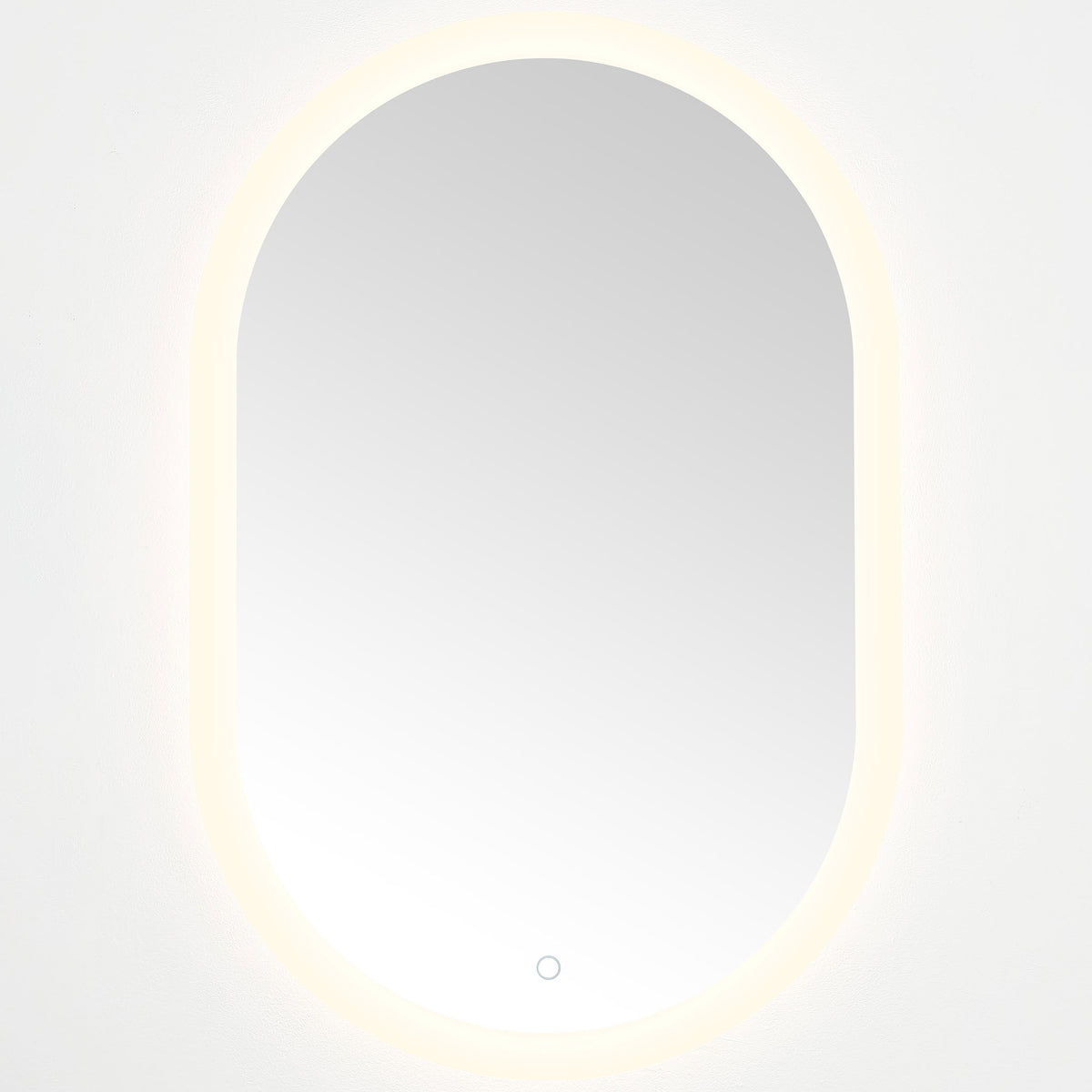 Soft white LED illumination surrounds the oval mirror's smooth reflective surface || LMR1009A || front_on_studio