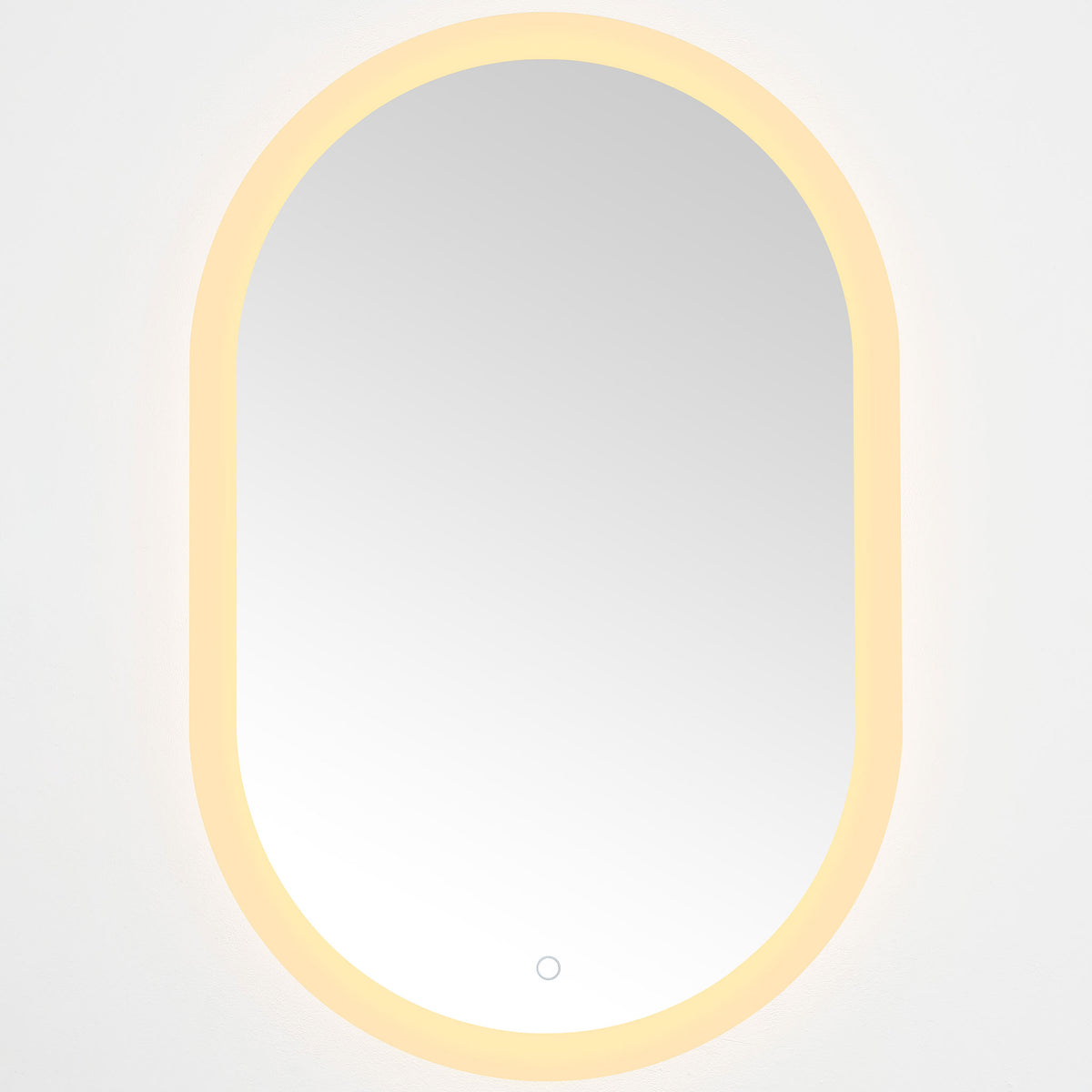 Warm golden LED illumination traces the oval mirror's rounded edges || LMR1009A || front_on_studio