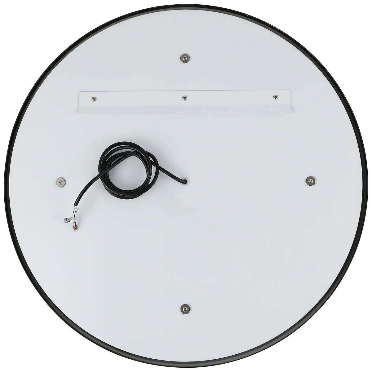 The round mirror has a white backing with a mounting bar and power cord inside its slim black rim. || LMR1010A || back_studio