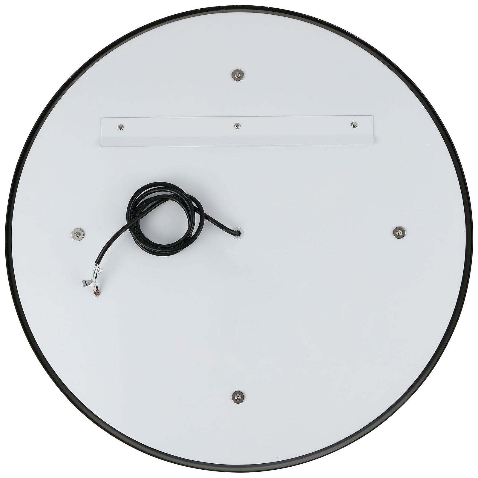 The round mirror has a white backing with a mounting bar and power cord inside its slim black rim. || LMR1010A || back_studio