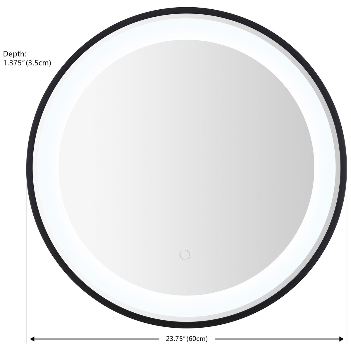 The round black-framed LED mirror measures 23.75 inches across and 1.375 inches deep. || LMR1010A || dimension_studio