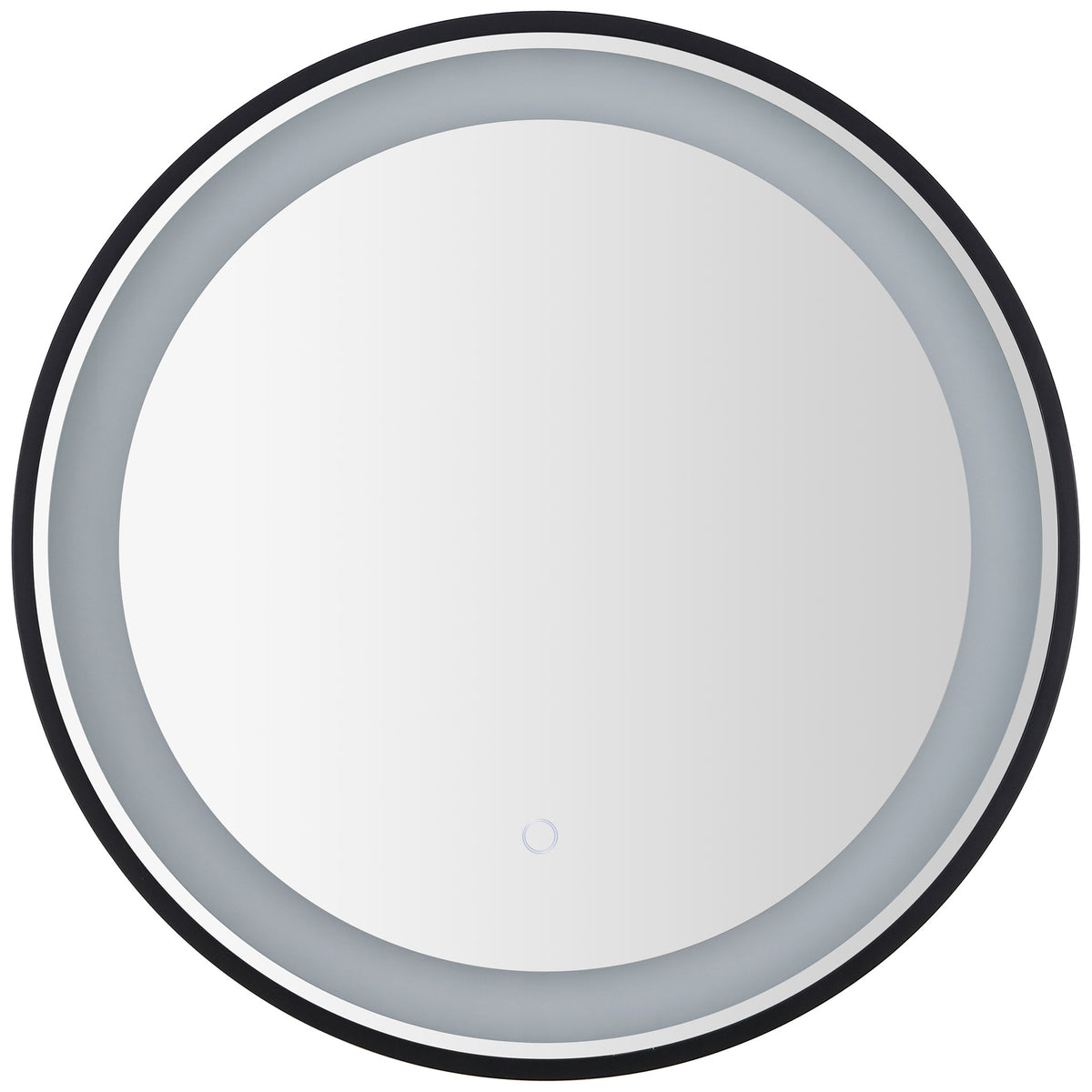 A gray LED band borders the round mirror within a slim black frame, with a touch control below. || LMR1010A || front_studio