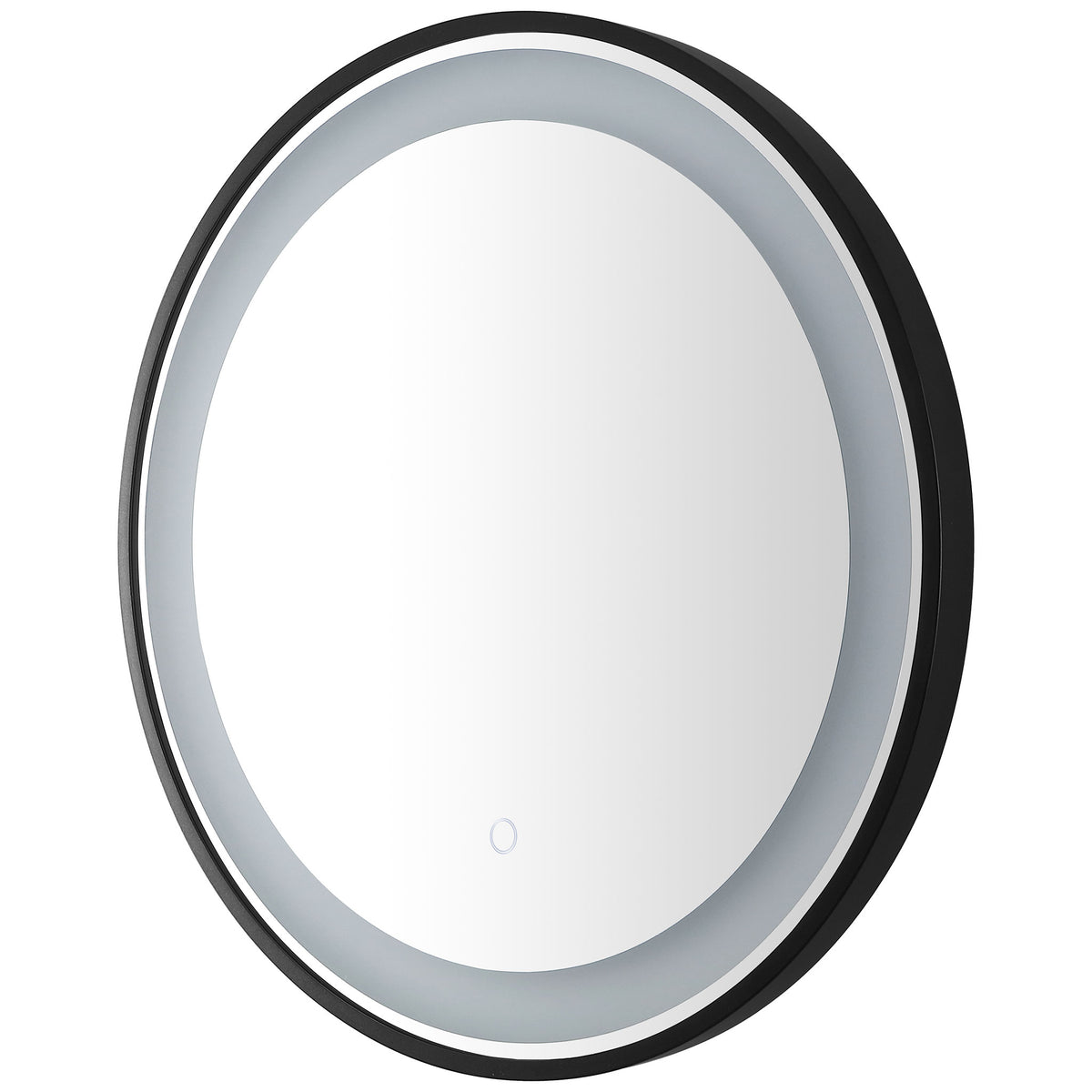 An unlit LED ring surrounds the round mirror within a shallow black frame. || LMR1010A || front_angle_studio