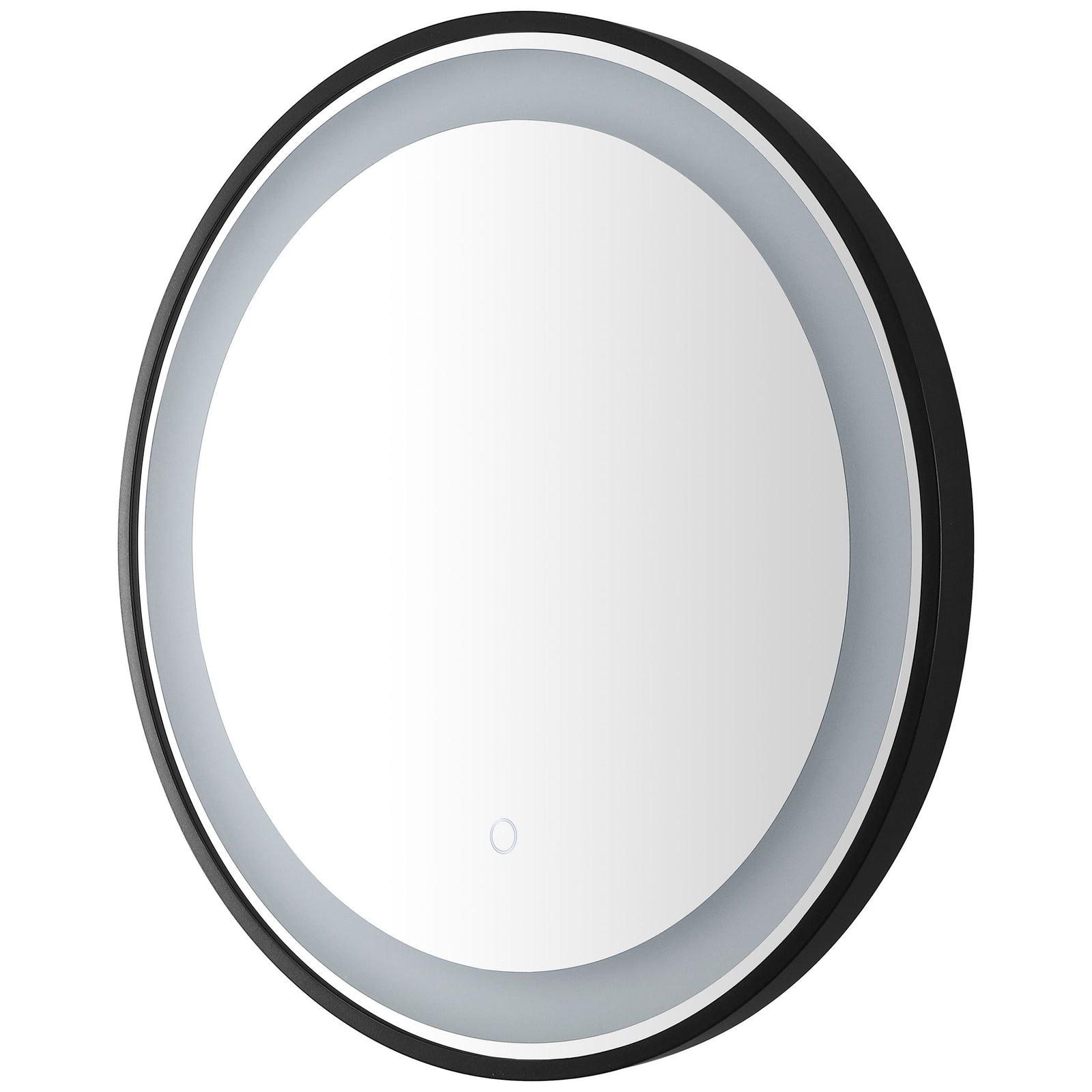 An unlit LED ring surrounds the round mirror within a shallow black frame. || LMR1010A || front_angle_studio