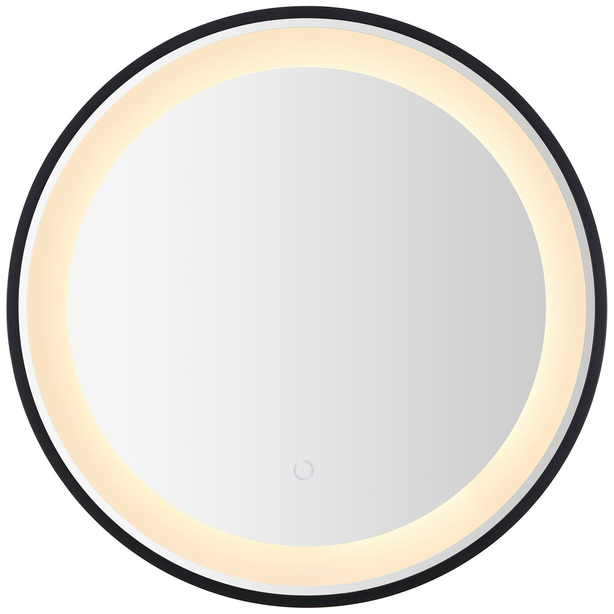 Warm golden LEDs form a luminous ring around the round mirror in its slim black frame. || LMR1010A || front_on_studio