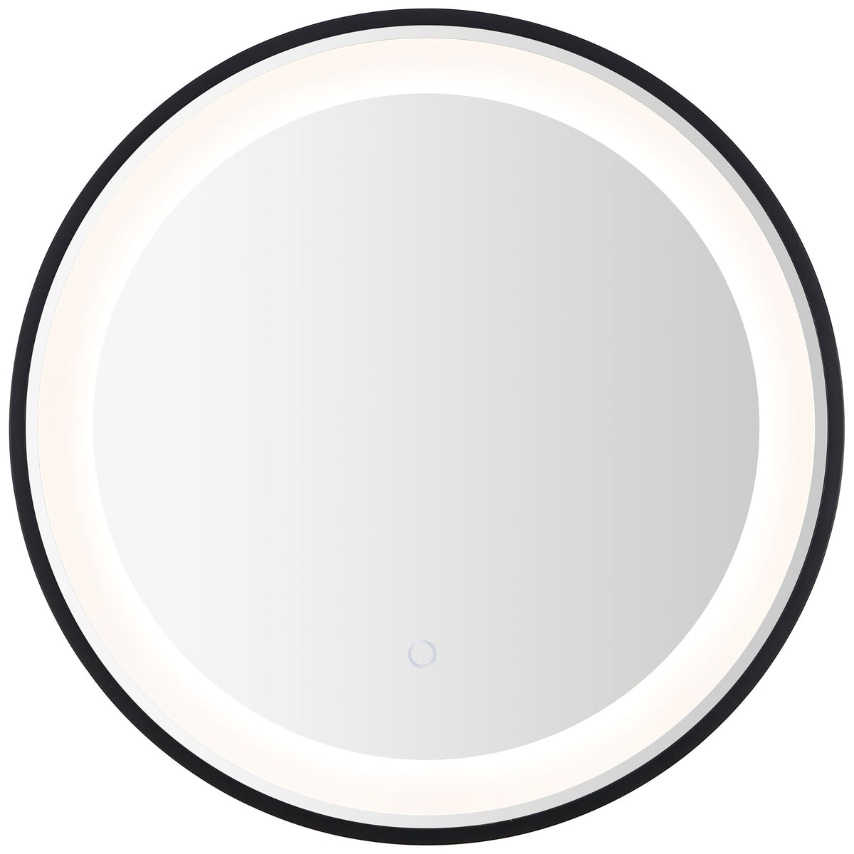 A soft white LED halo encircles the round mirror, with a subtle touch control near its lower edge. || LMR1010A || front_on_studio