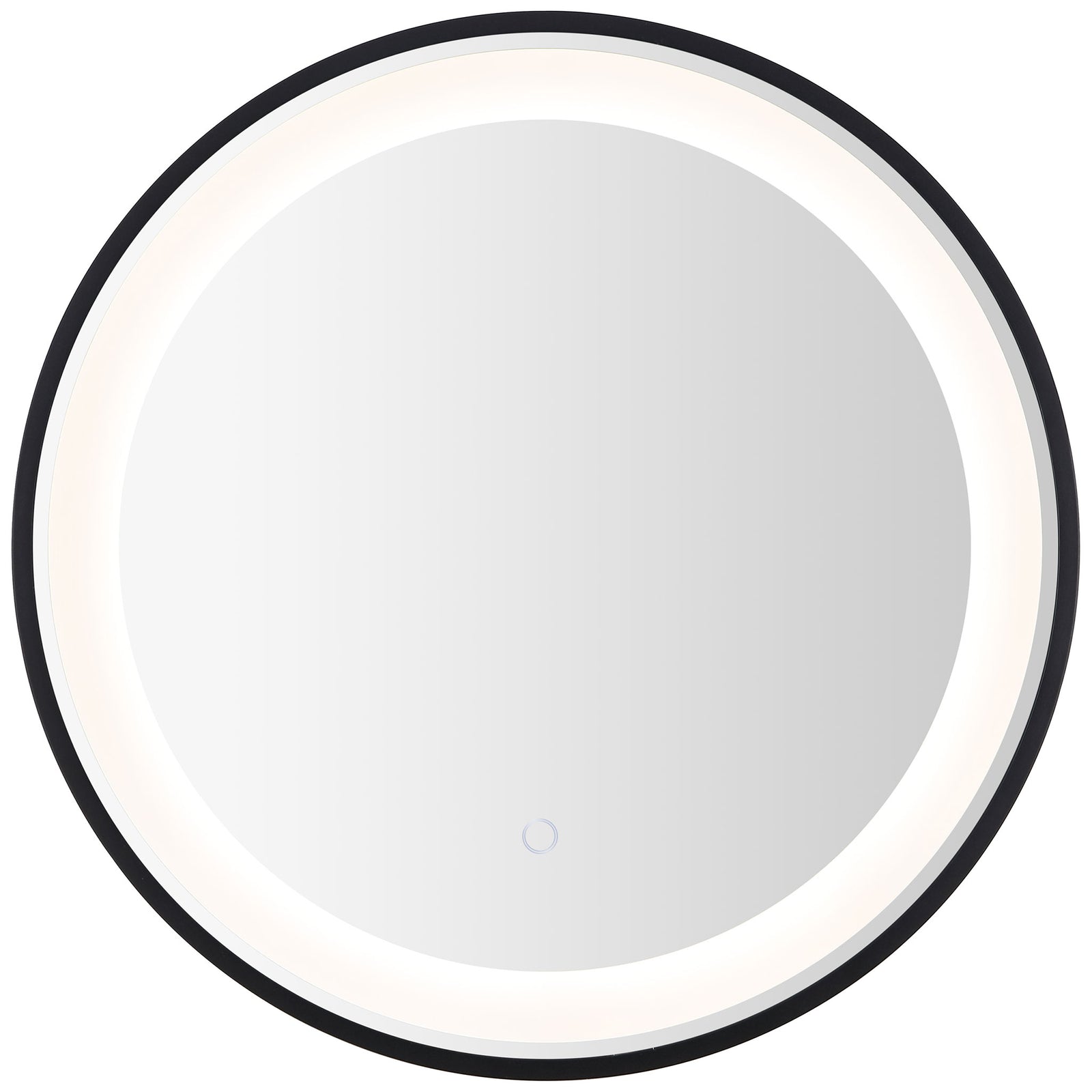 A soft white LED halo encircles the round mirror, with a subtle touch control near its lower edge. || LMR1010A || front_on_studio