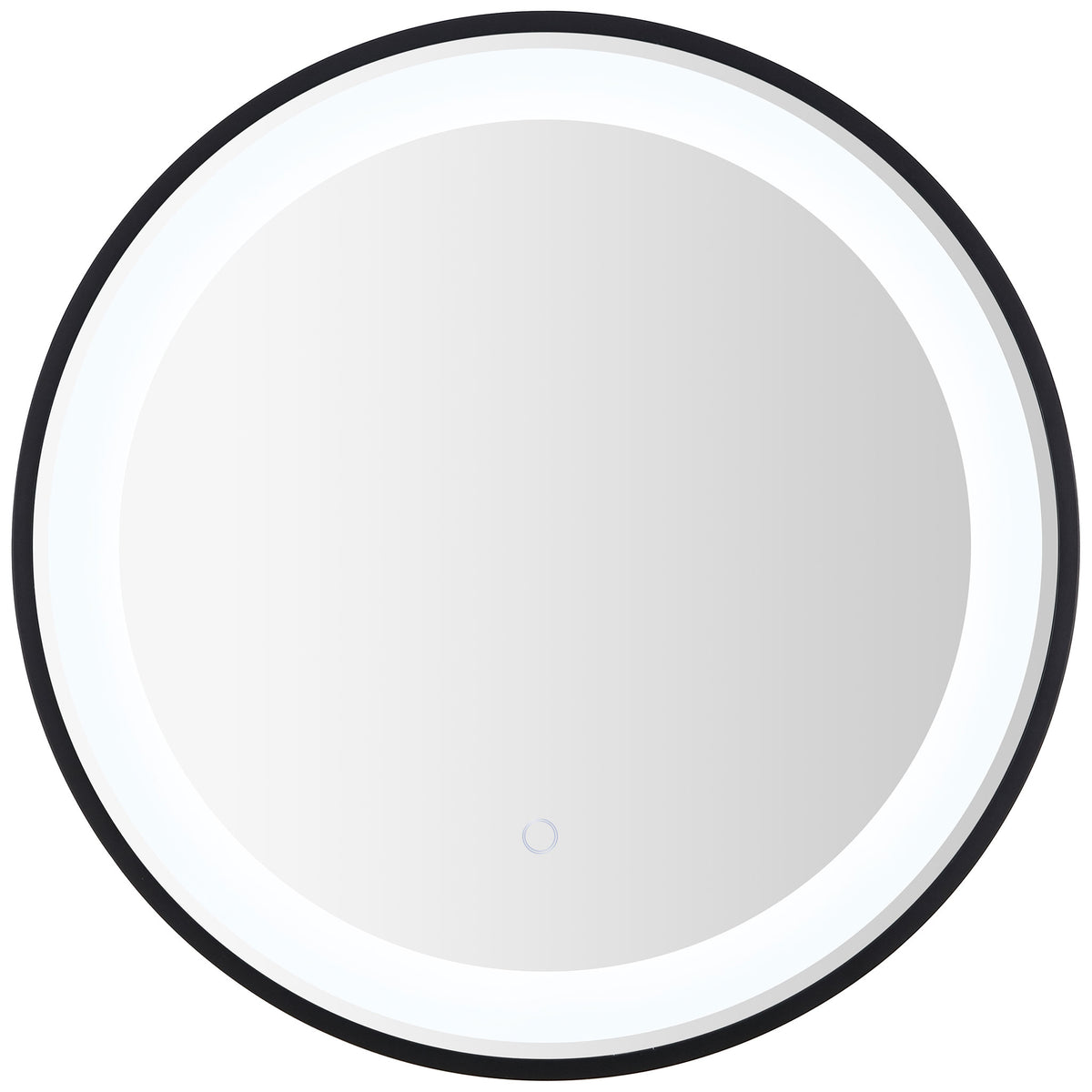 Bright white light outlines the round mirror within a slender black frame. || LMR1010A || front_on_studio