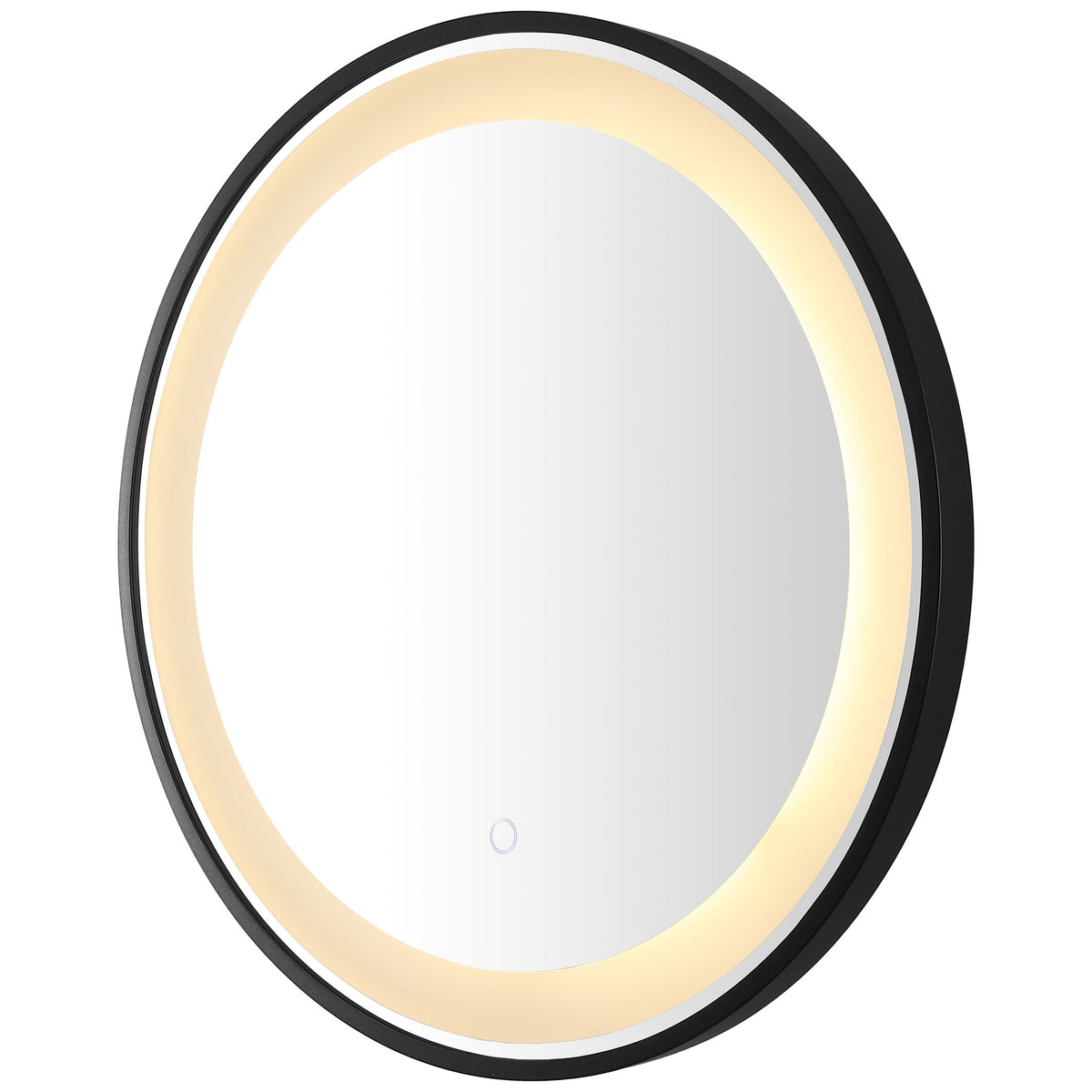 A warm LED ring lights the round mirror, set within a shallow black frame. || LMR1010A || front_angle_on_studio