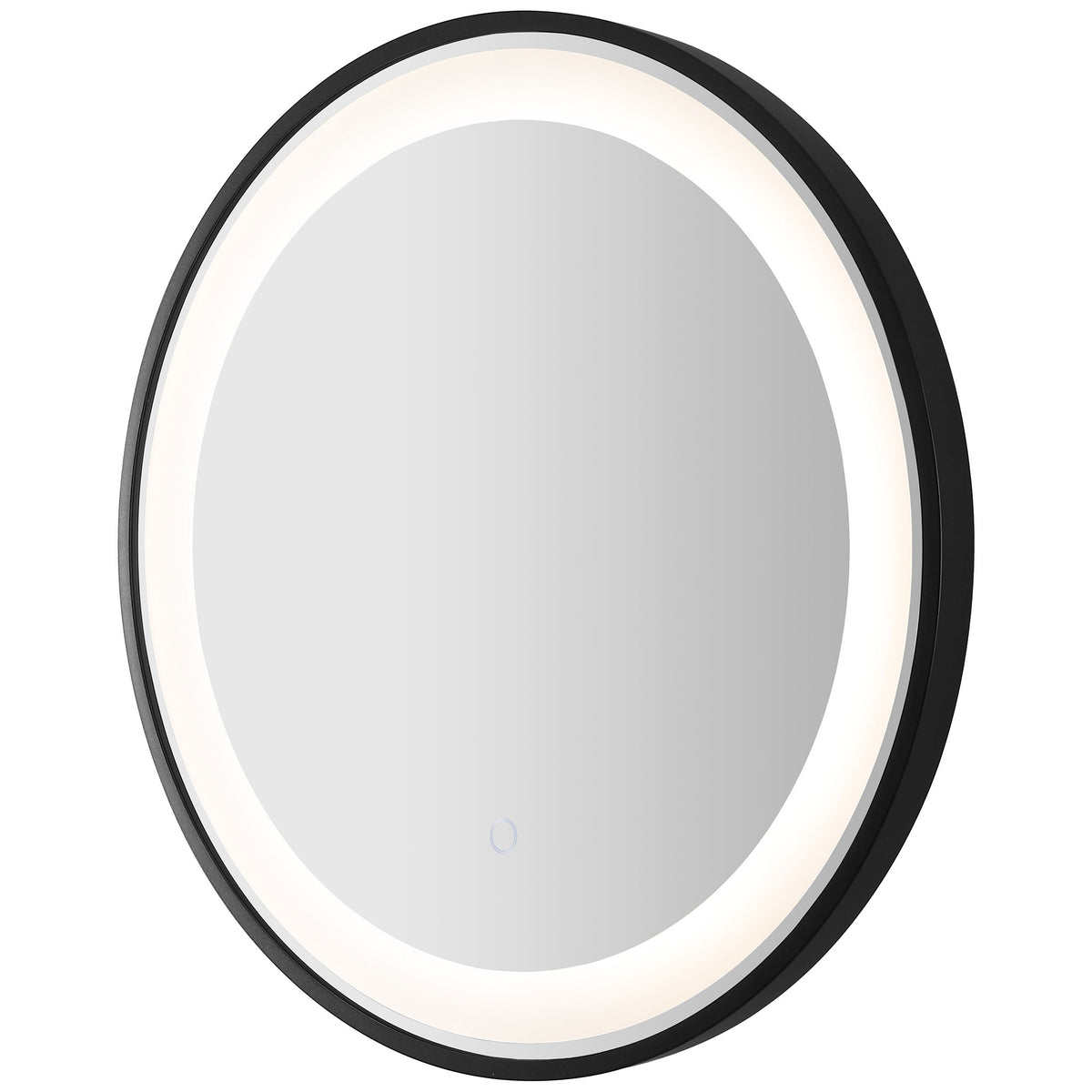 Soft white light borders the round mirror, complemented by its narrow black frame and touch control.