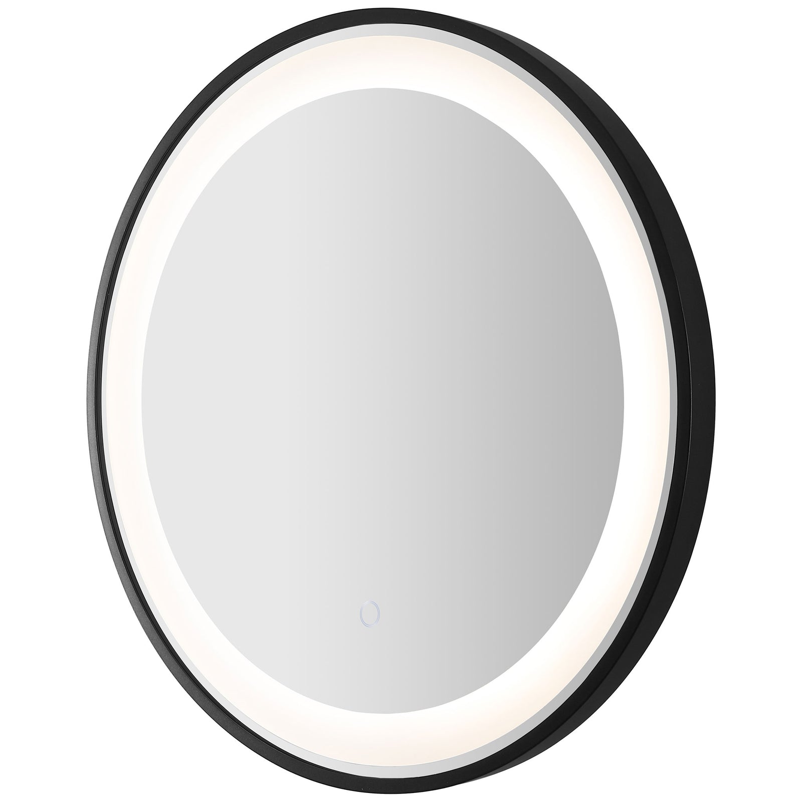 Soft white light borders the round mirror, complemented by its narrow black frame and touch control. || LMR1010A || front_angle_on_studio