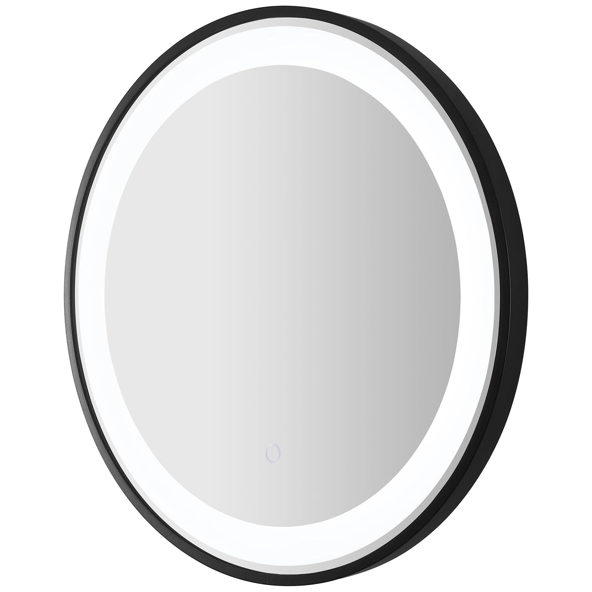 A crisp white LED ring highlights the round mirror and its black frame's shallow depth. || LMR1010A || front_angle_on_studio