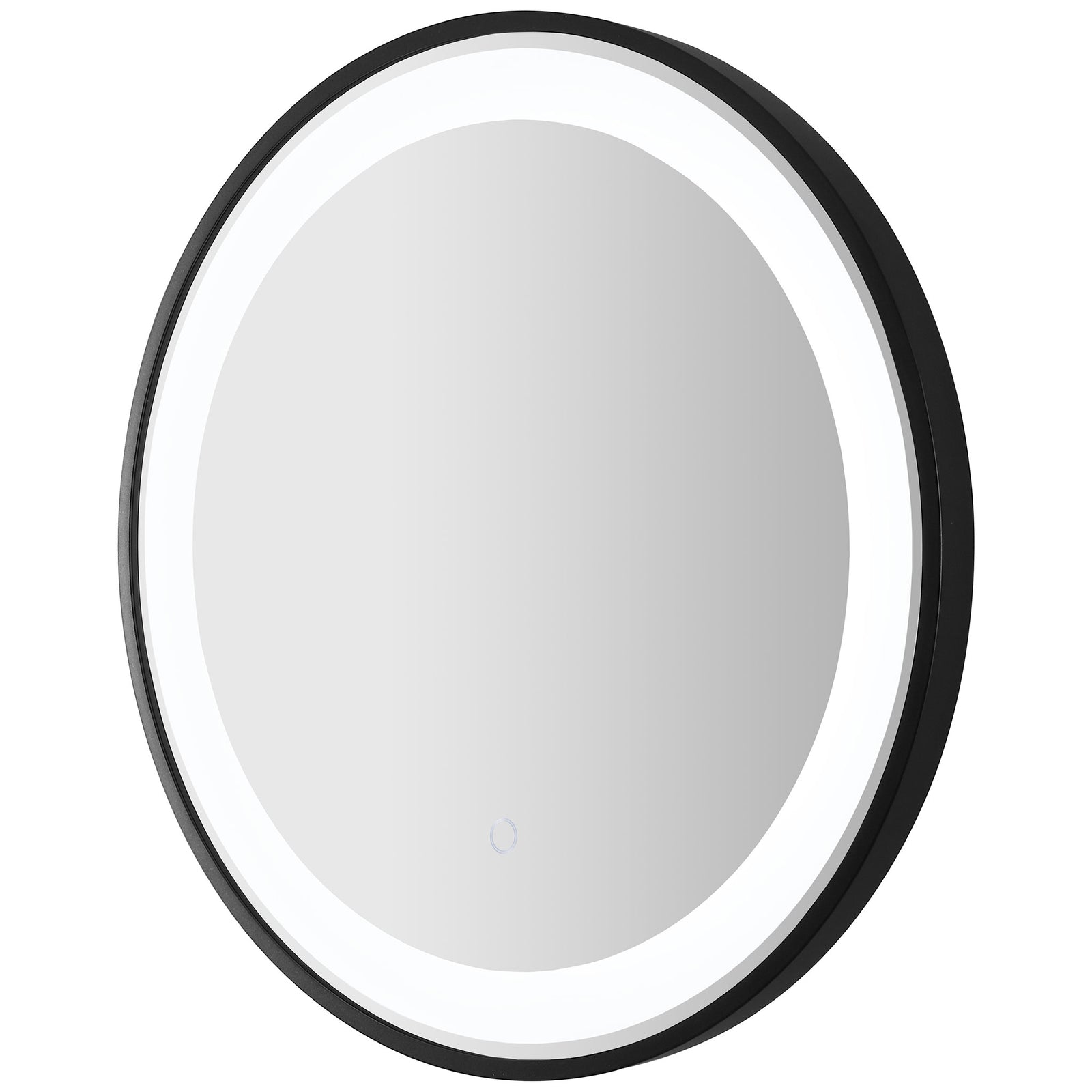 A crisp white LED ring highlights the round mirror and its black frame's shallow depth. || LMR1010A || front_angle_on_studio