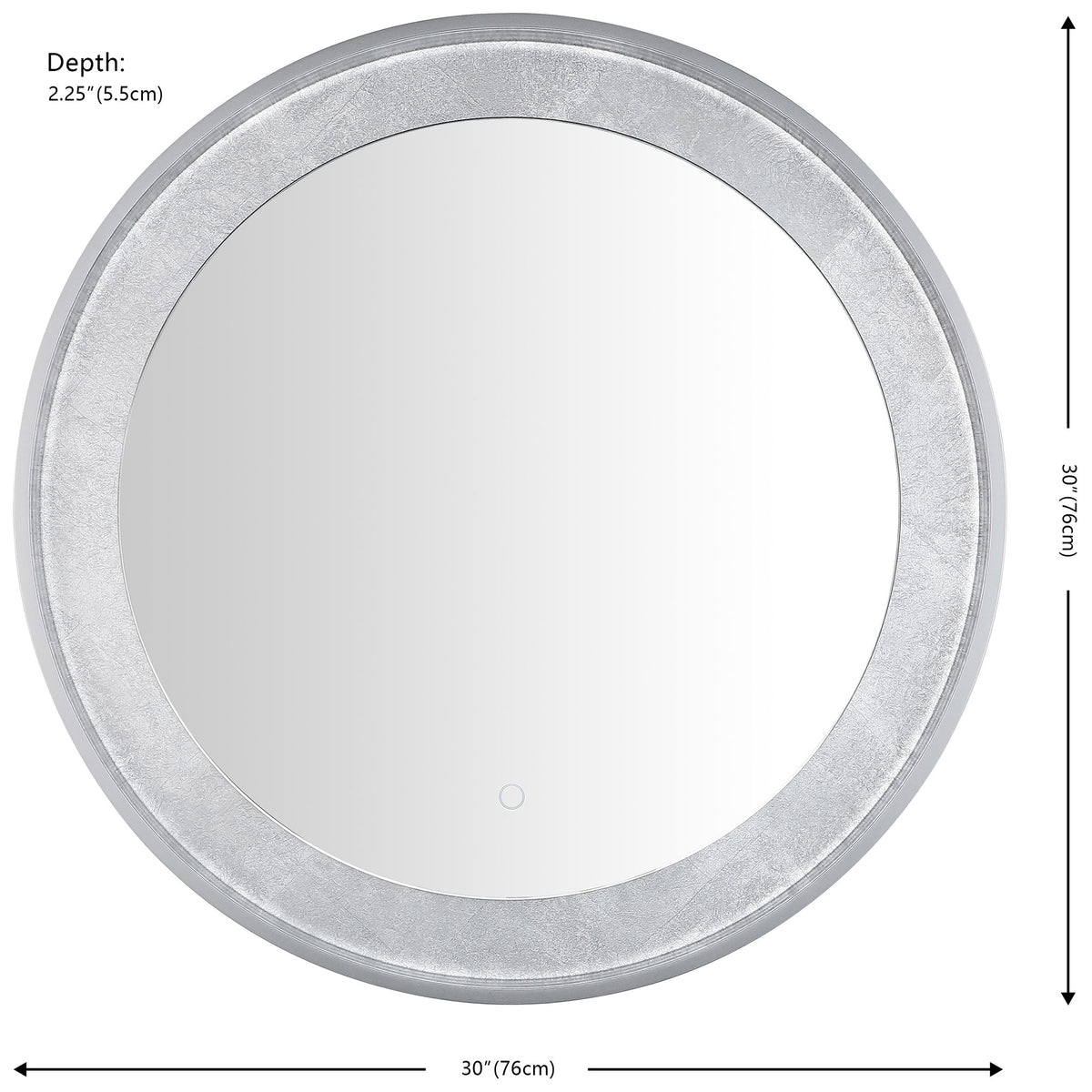 A 30-inch round mirror combines textured silver-leaf trim with a 2.25-inch-deep silver-gray frame. || LMR1014A || dimension_studio