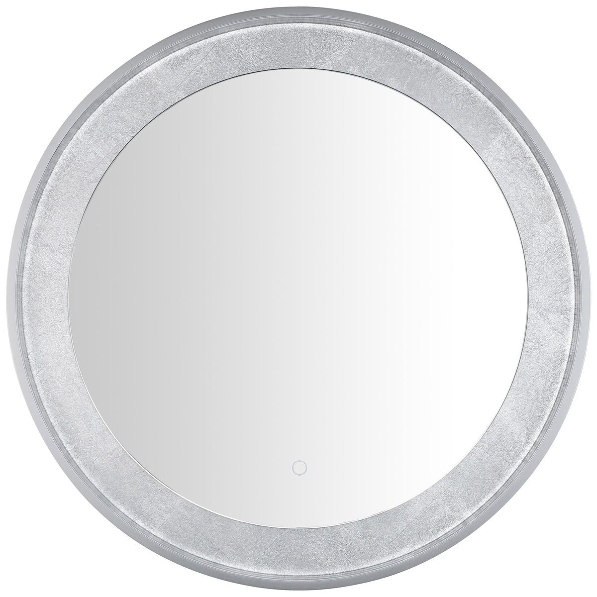 A round mirror is framed by textured silver leaf and a smooth silver-gray rim, with a discreet control. || LMR1014A || front_studio