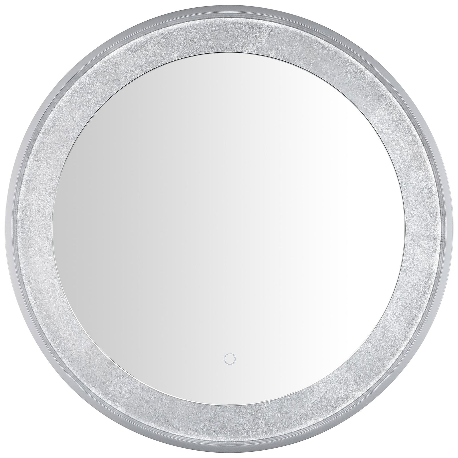 A round mirror is framed by textured silver leaf and a smooth silver-gray rim, with a discreet control. || LMR1014A || front_studio