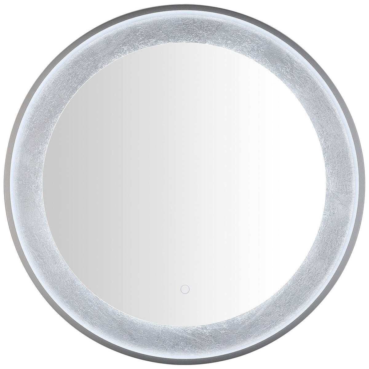 Cool white LEDs outline the silver-leaf ring around a sleek round mirror.