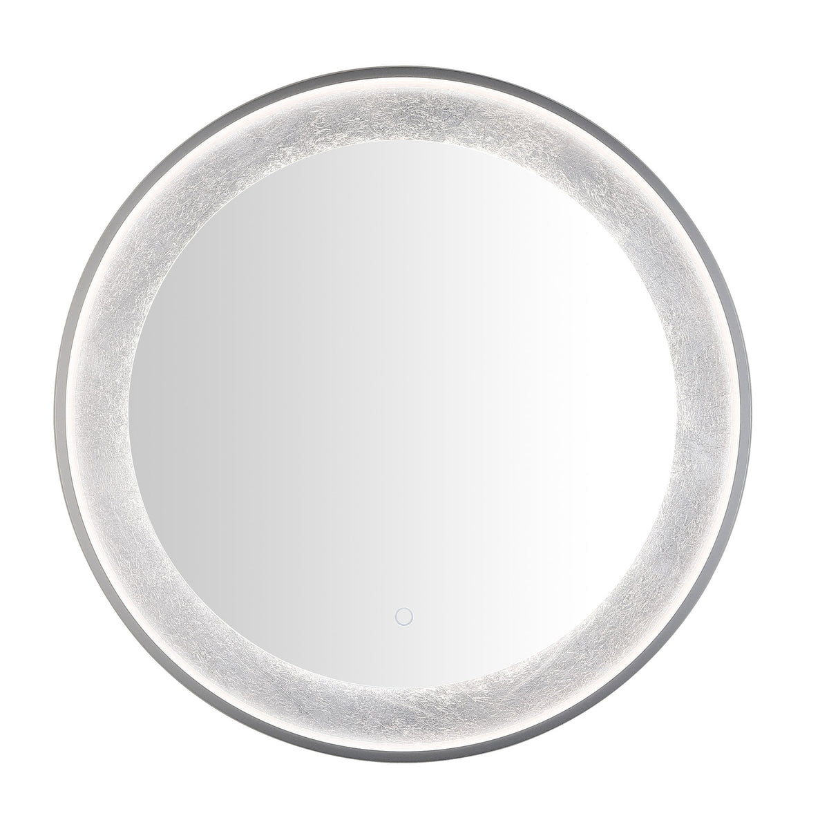 Soft white illumination brightens the textured silver-leaf surround of a round mirror. || LMR1014A || front_on_studio