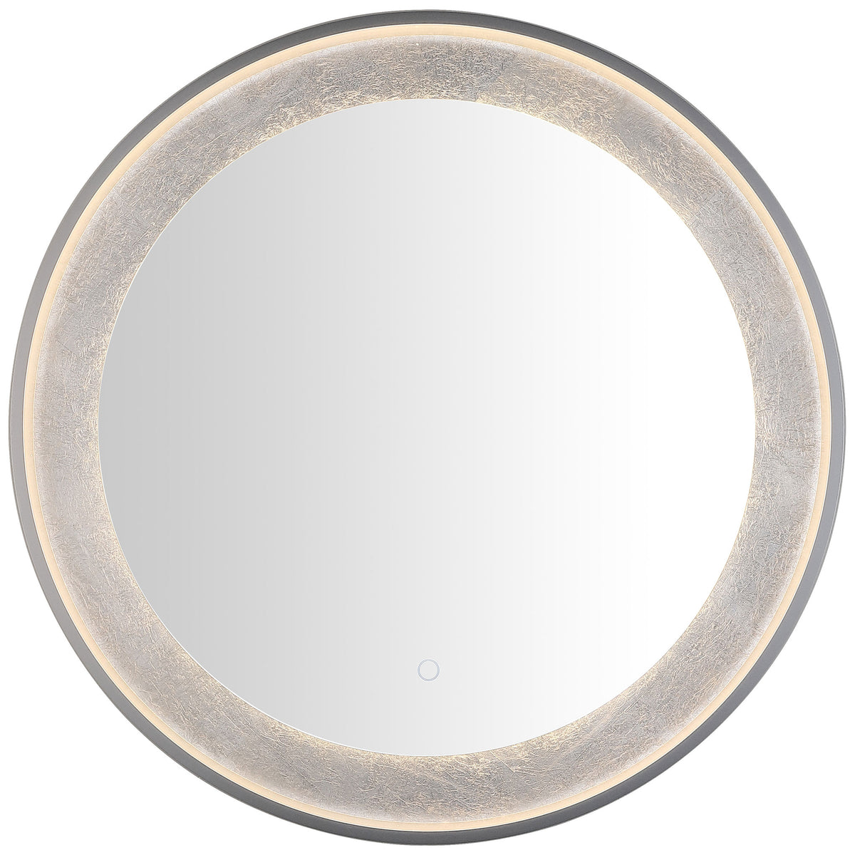Warm LED light lends a gentle golden glow to the mirror's silver-leaf inner band. || LMR1014A || front_on_studio