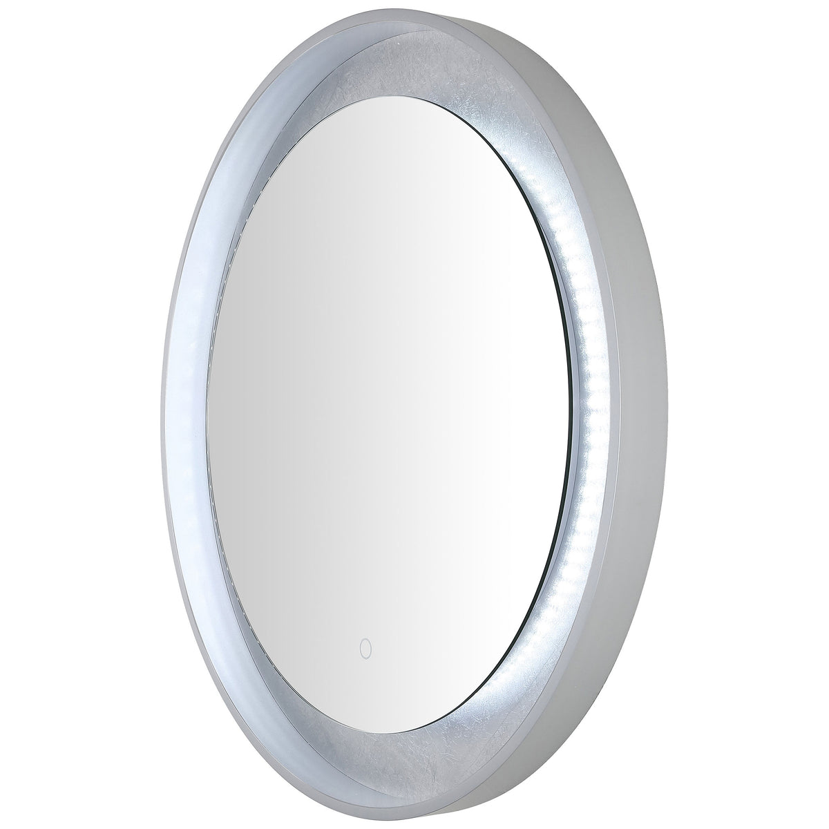Cool white light reveals the shimmer of silver-leaf trim within a deep aluminum frame. || LMR1014A || front_angle_on_studio