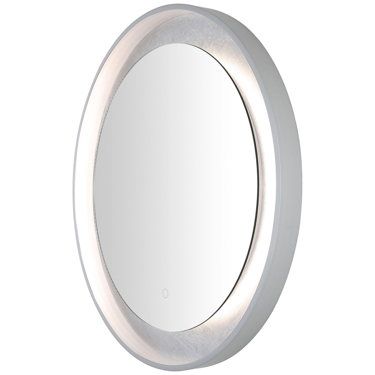 A soft white LED halo enhances the textured silver-leaf band around the recessed mirror. || LMR1014A || front_angle_on_studio