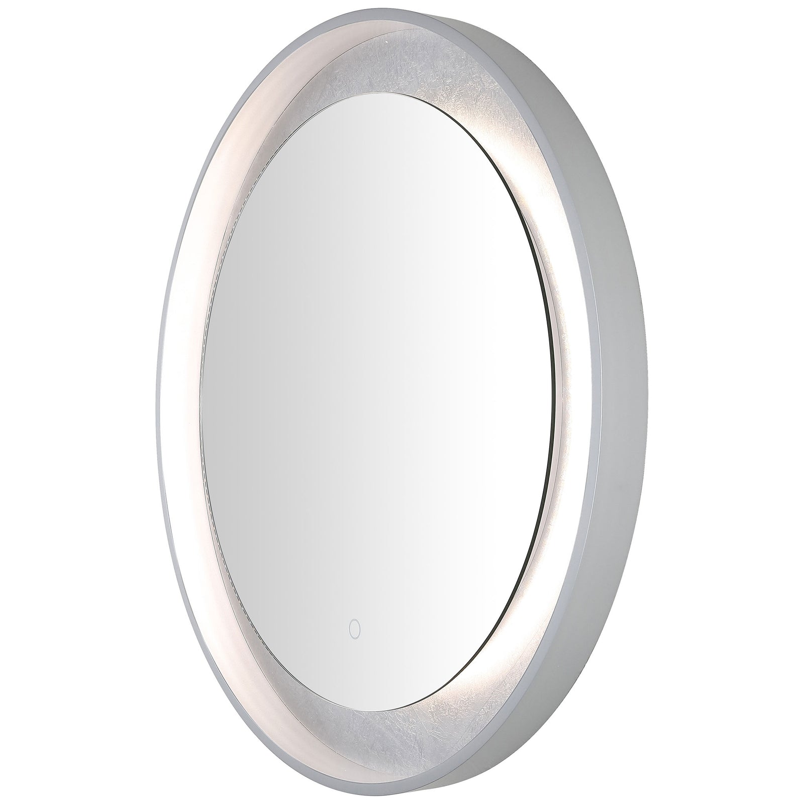 A soft white LED halo enhances the textured silver-leaf band around the recessed mirror. || LMR1014A || front_angle_on_studio