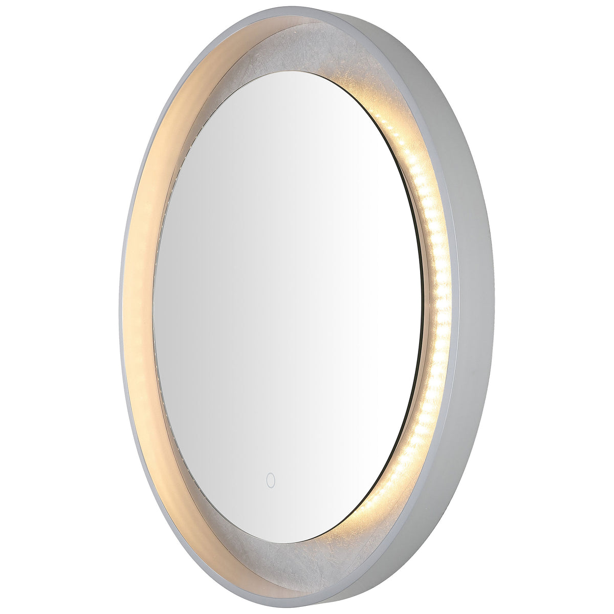 Warm LED illumination adds a welcoming glow to the silver-leaf band and silver-gray rim. || LMR1014A || front_angle_on_studio