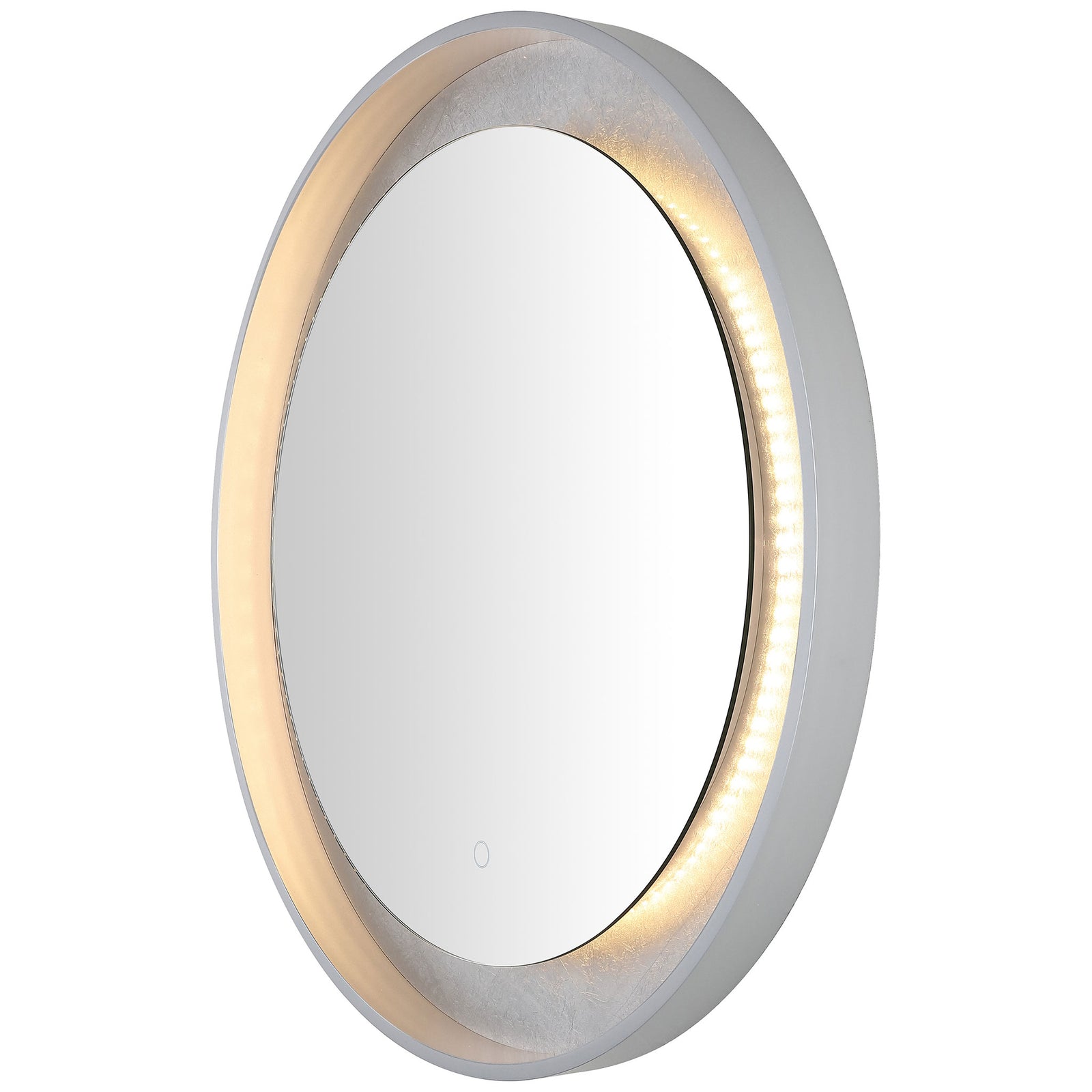 Warm LED illumination adds a welcoming glow to the silver-leaf band and silver-gray rim. || LMR1014A || front_angle_on_studio