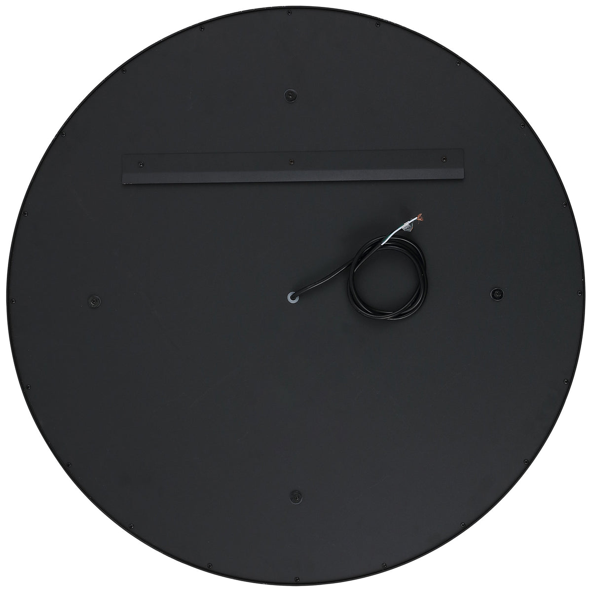 A matte black circular backing includes a wall-mounting rail and attached power cable. || LMR1014B || back_studio
