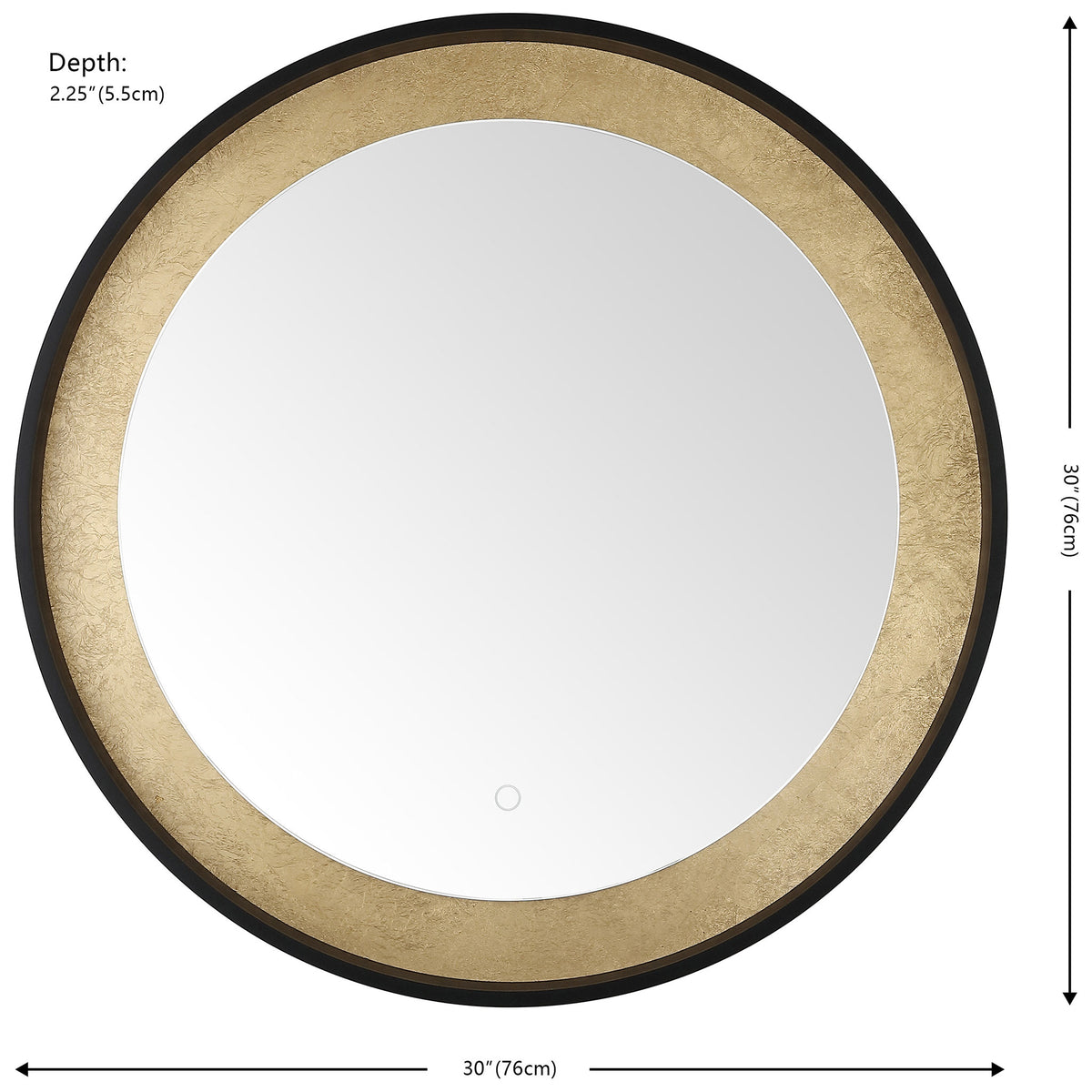 A 30-inch round mirror pairs a bold black rim with gold-leaf trim and a 2.25-inch depth. || LMR1014B || dimension_studio