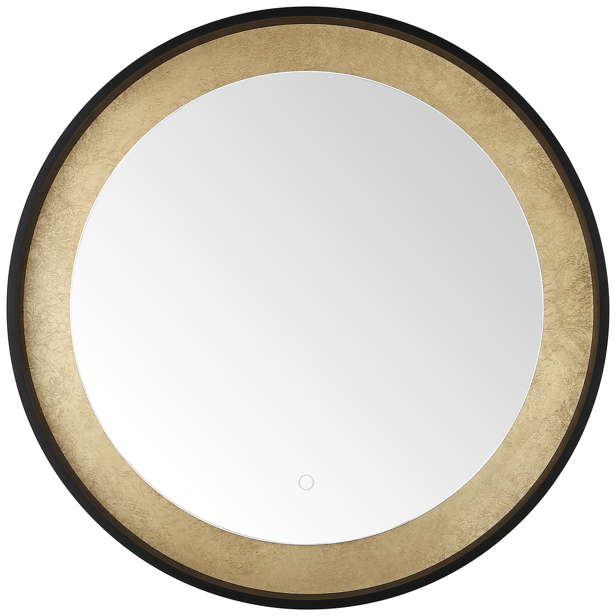 Textured gold-leaf trim adds warmth to a round mirror with a black aluminum rim and discreet control. || LMR1014B || front_studio
