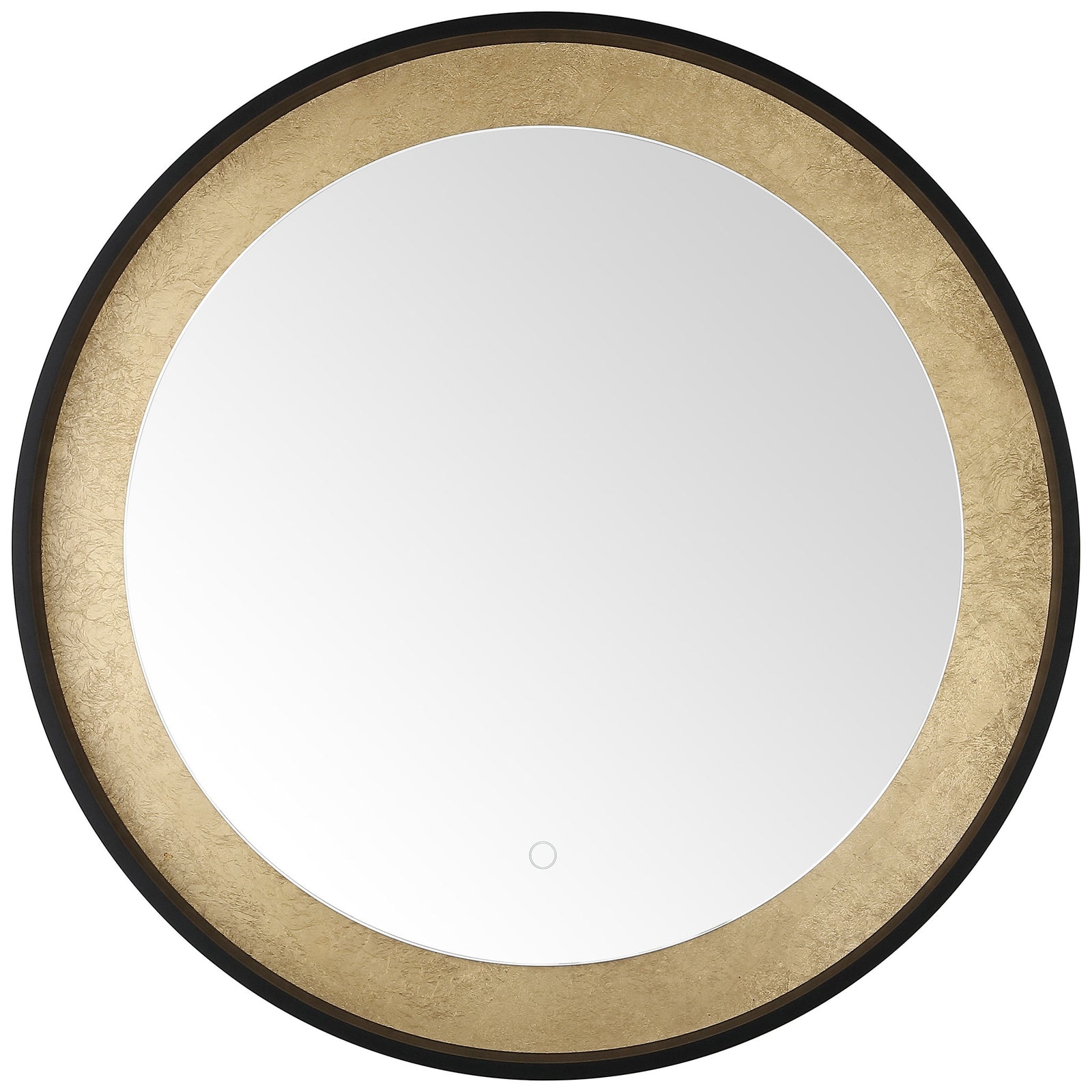 Textured gold-leaf trim adds warmth to a round mirror with a black aluminum rim and discreet control. || LMR1014B || front_studio