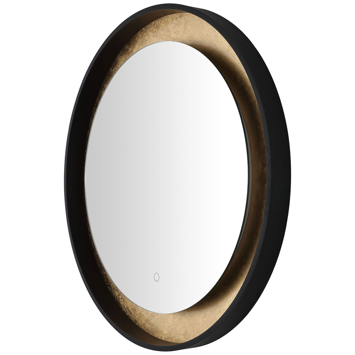 A deep black frame and recessed gold-leaf surround add dimension to a round mirror. || LMR1014B || front_angle_studio