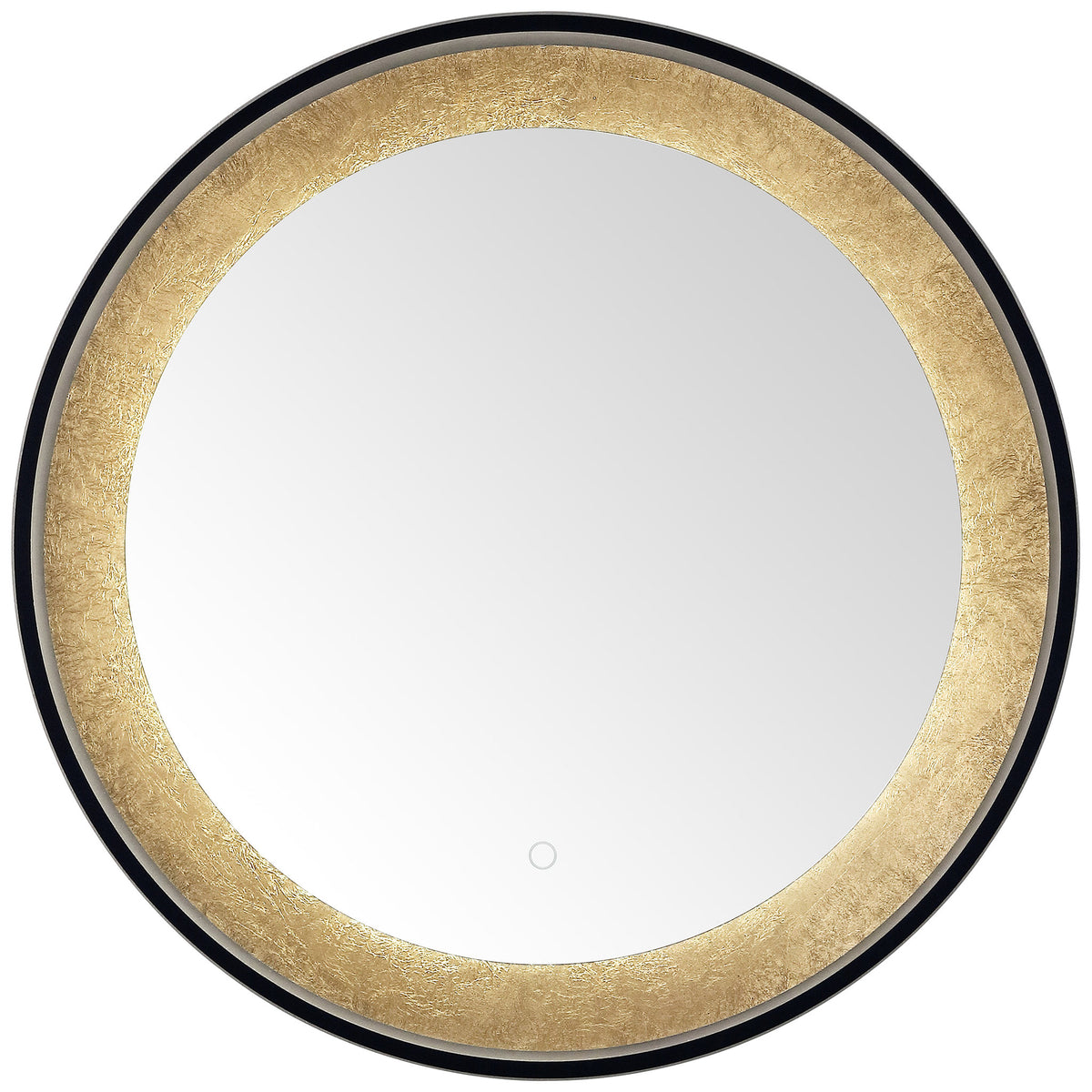 Cool white LED light skims the gold-leaf border around a clean, round mirror. || LMR1014B || front_on_studio