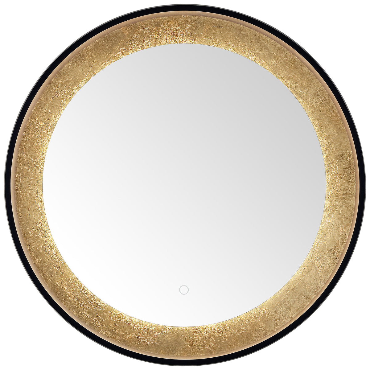 Soft LED illumination highlights the textured gold-leaf ring within a thin black edge. || LMR1014B || front_on_studio