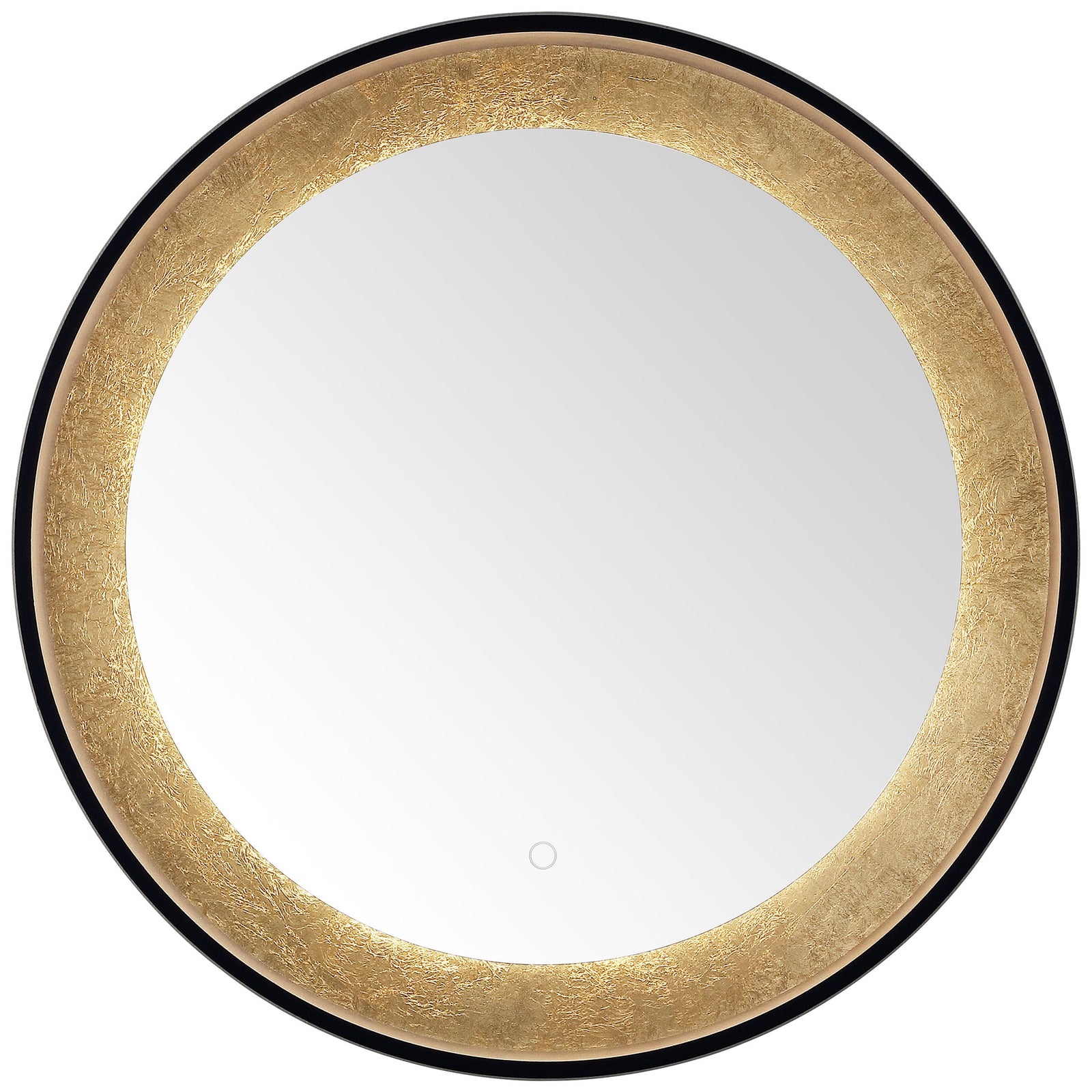Soft LED illumination highlights the textured gold-leaf ring within a thin black edge. || LMR1014B || front_on_studio