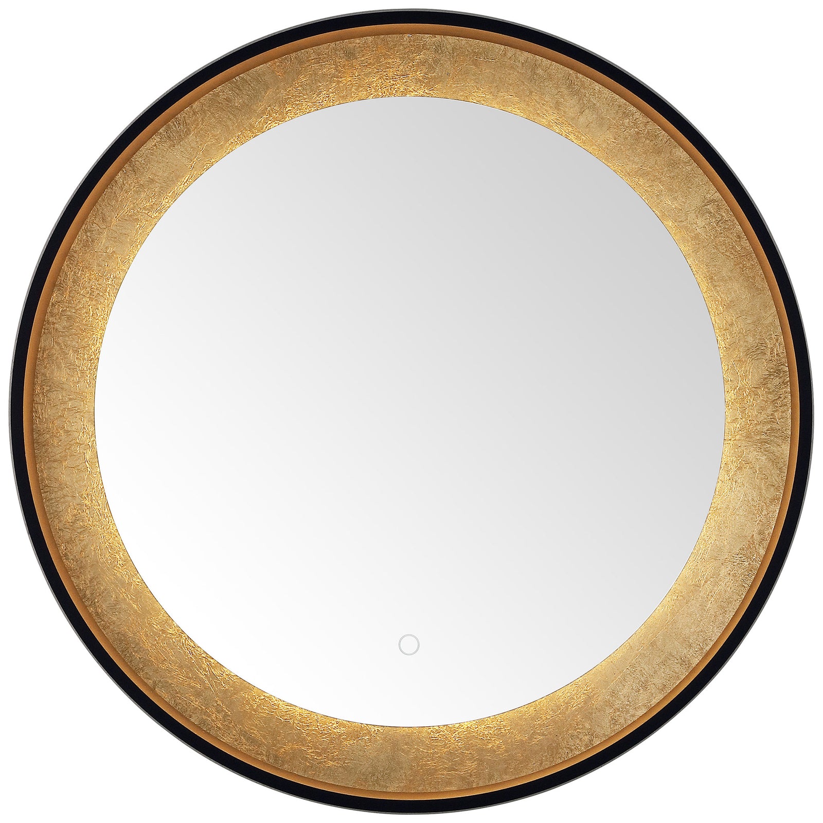 Warm LED light enriches the golden surround framing a round mirror with a subtle control button. || LMR1014B || front_on_studio