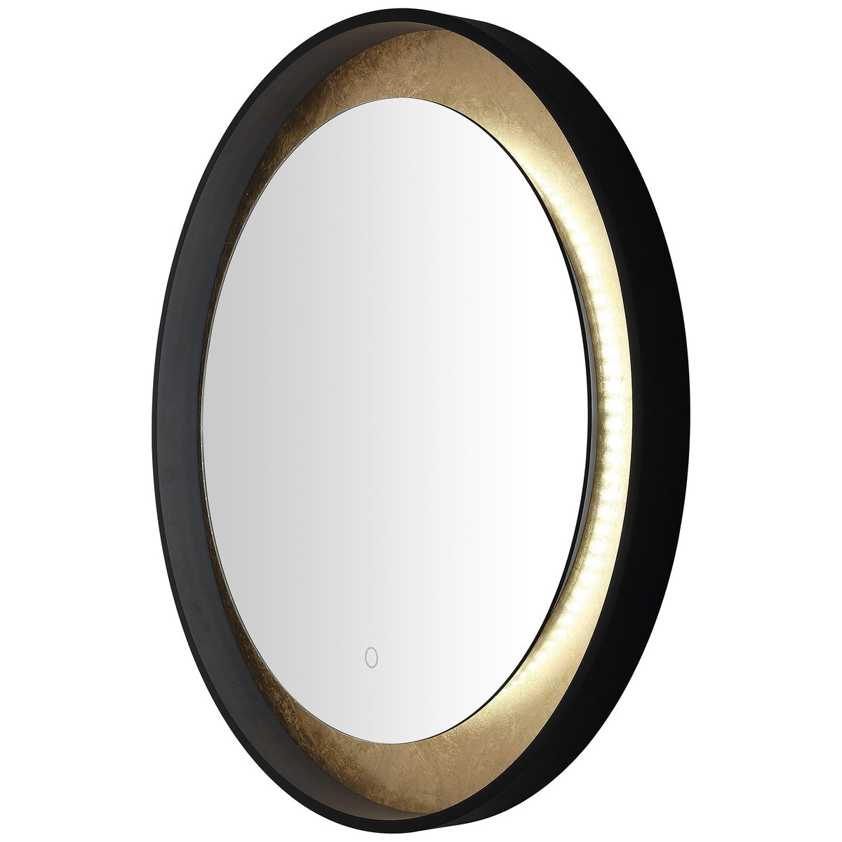 Bright white LEDs accent the gold-leaf inset inside a deep black aluminum frame. || LMR1014B || front_angle_on_studio