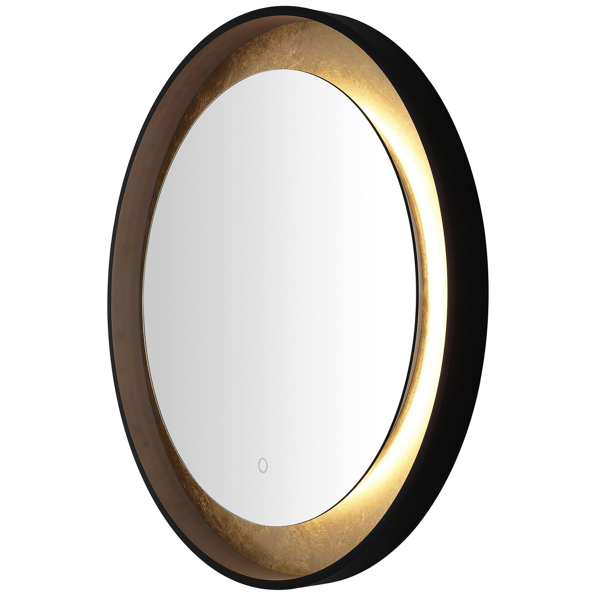 Soft white light creates an inviting halo around the mirror's gold-leaf inner band. || LMR1014B || front_angle_on_studio