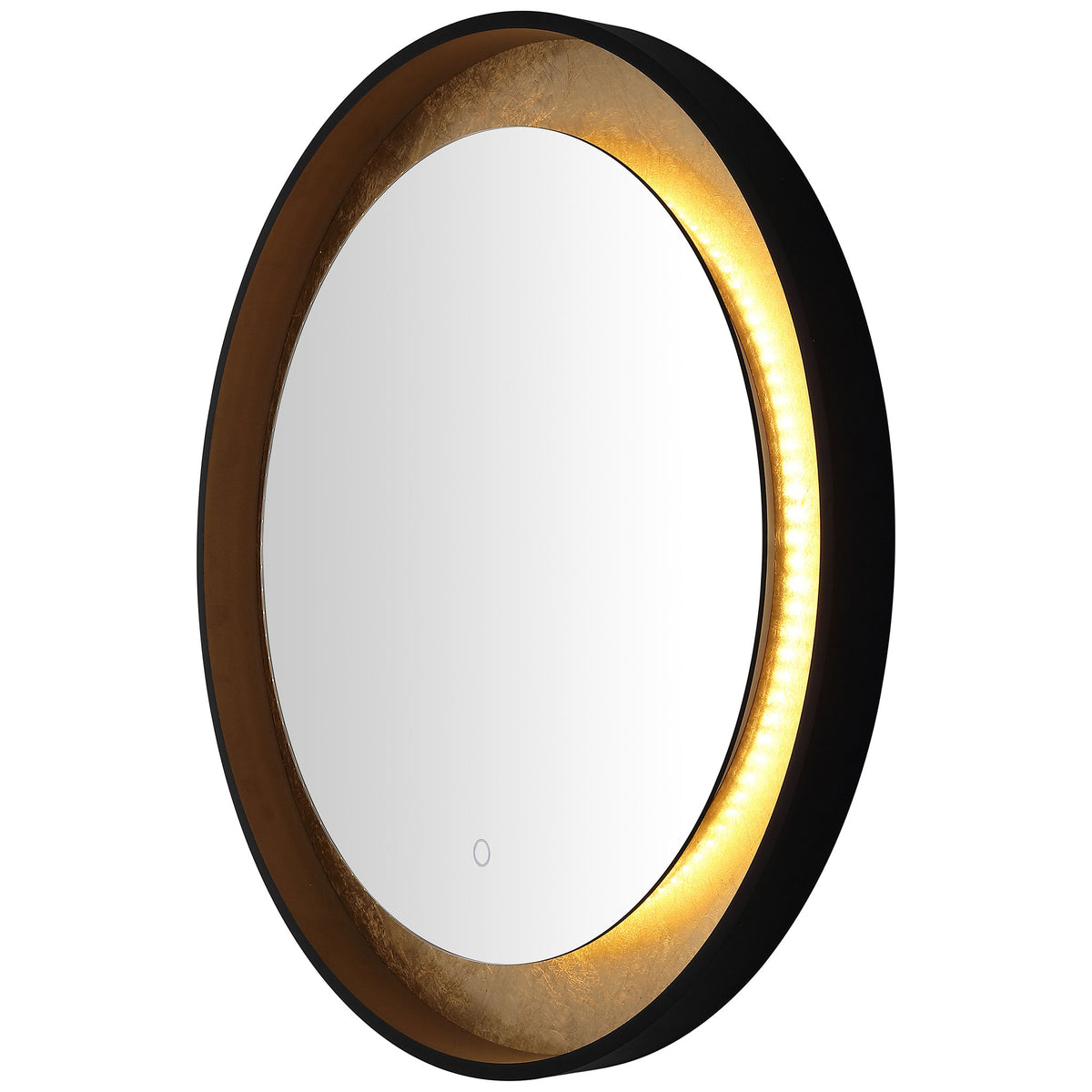 Golden LED light brings out the rich gold-leaf texture around a round mirror. || LMR1014B || front_angle_on_studio