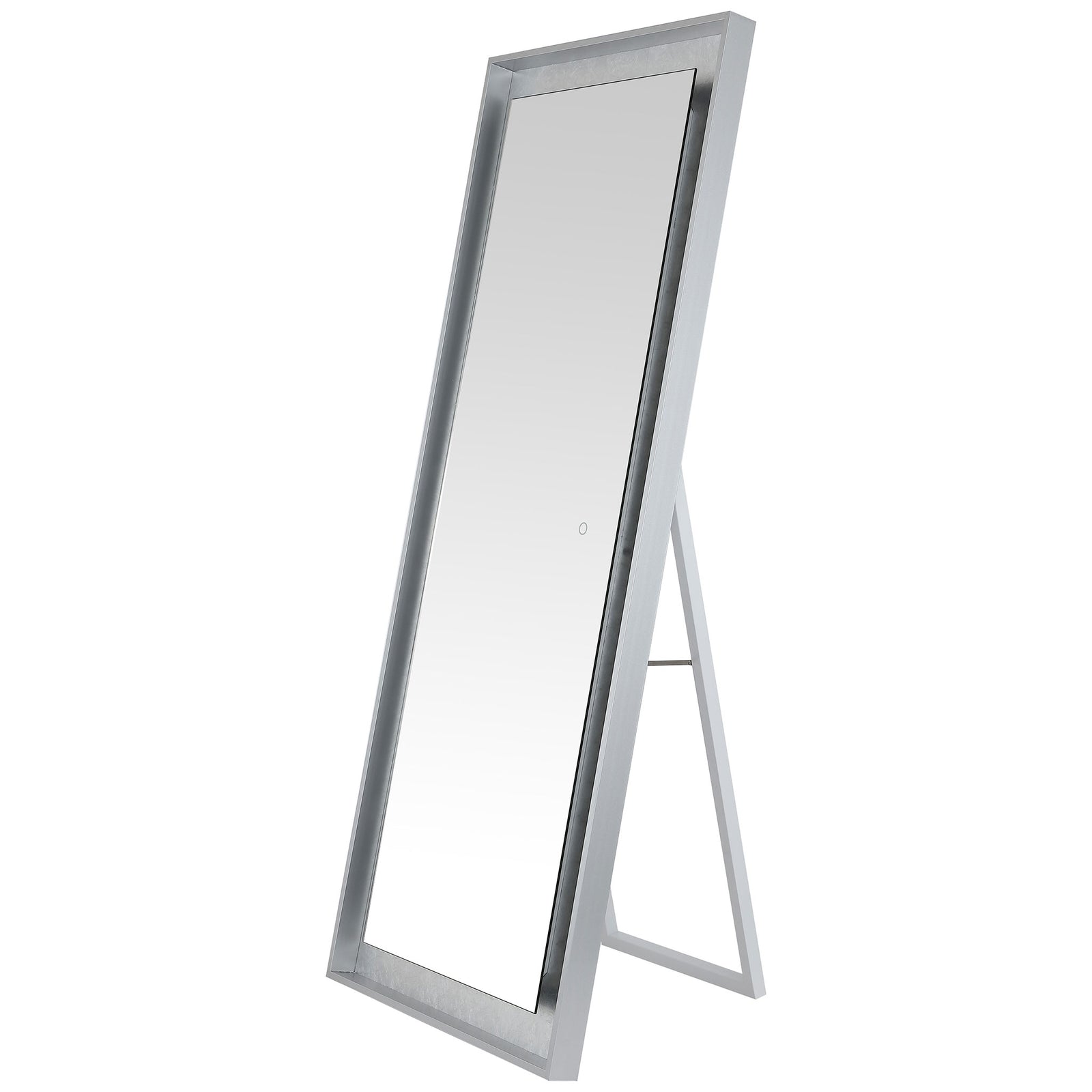 A slender silver-gray frame and textured border complement the sturdy rear stand of this tall mirror. || LMR1015A || front_angle_studio