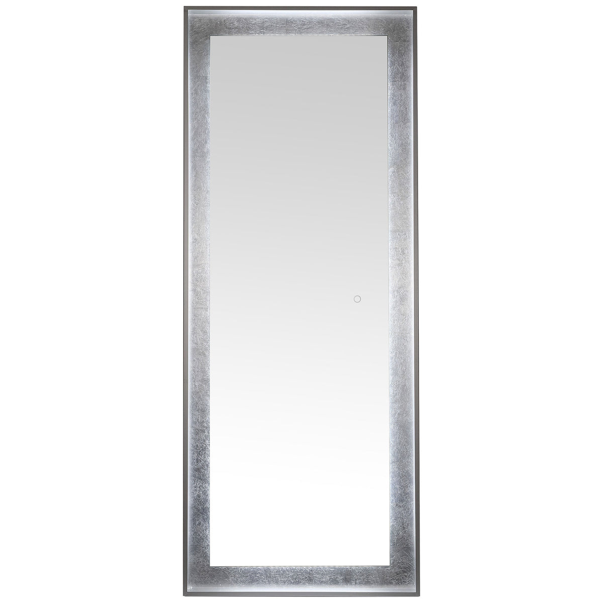 Cool white LED light brightens the silver leaf surround framing this tall mirror. || LMR1015A || front_on_studio