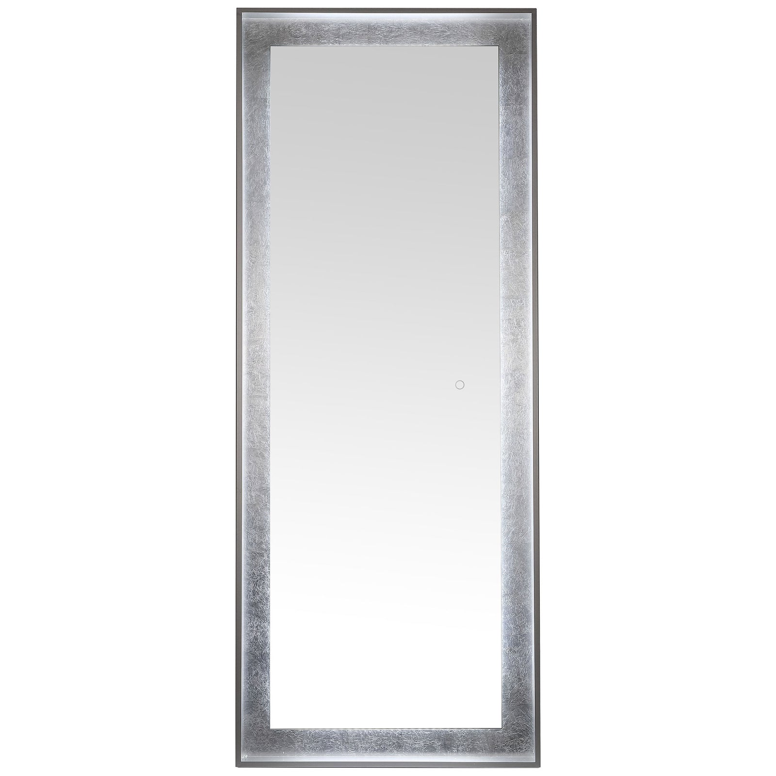 Cool white LED light brightens the silver leaf surround framing this tall mirror. || LMR1015A || front_on_studio