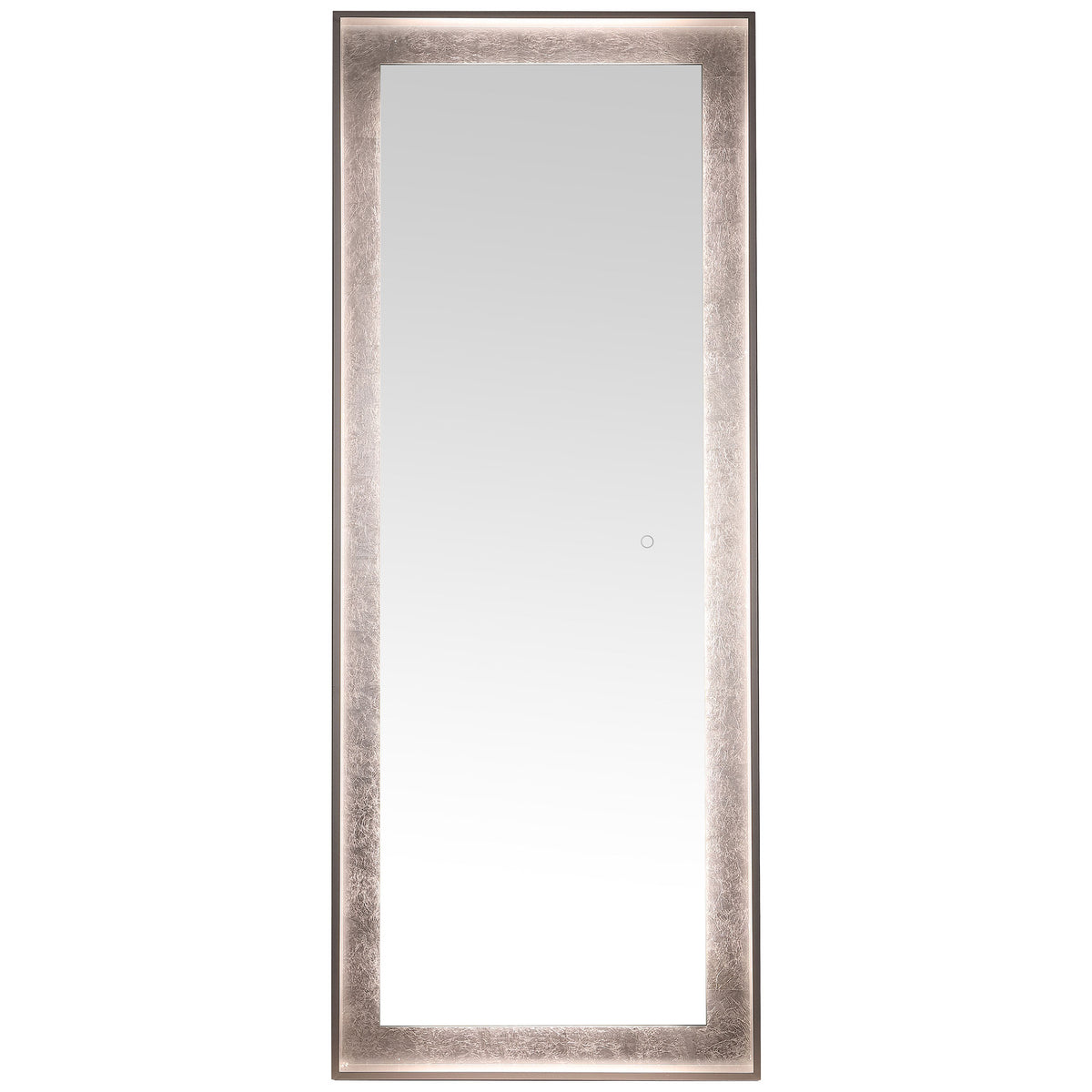 A soft neutral glow highlights the textured silver leaf inset around the reflective glass. || LMR1015A || front_on_studio