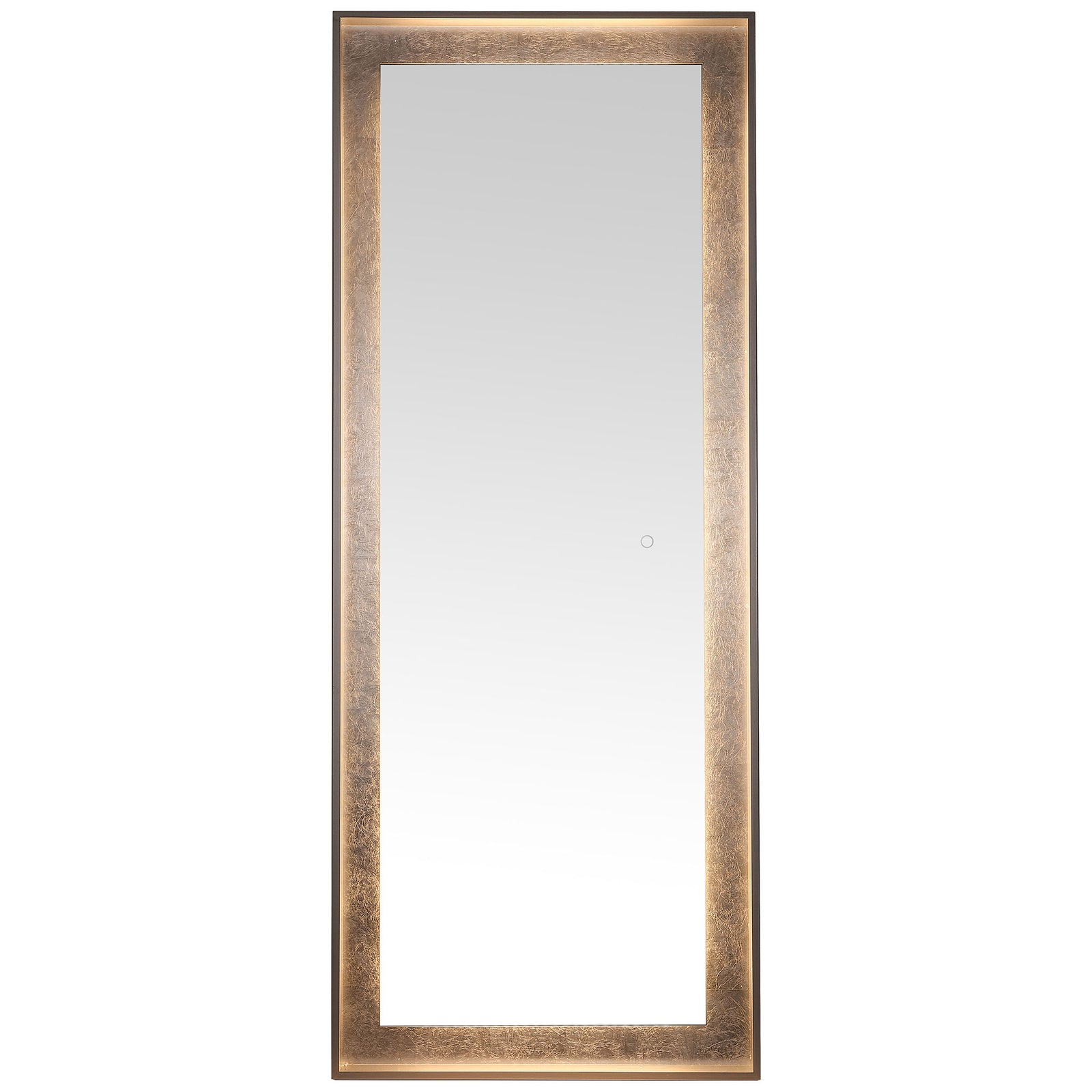 Warm LED illumination brings out golden highlights in the mirror's silver leaf trim. || LMR1015A || front_on_studio