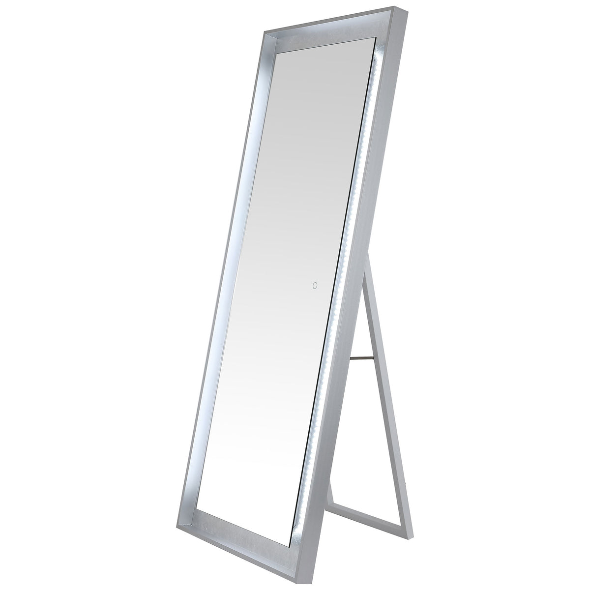 Cool white illumination lines the reflective glass above a silver-gray easel support. || LMR1015A || front_angle_on_studio